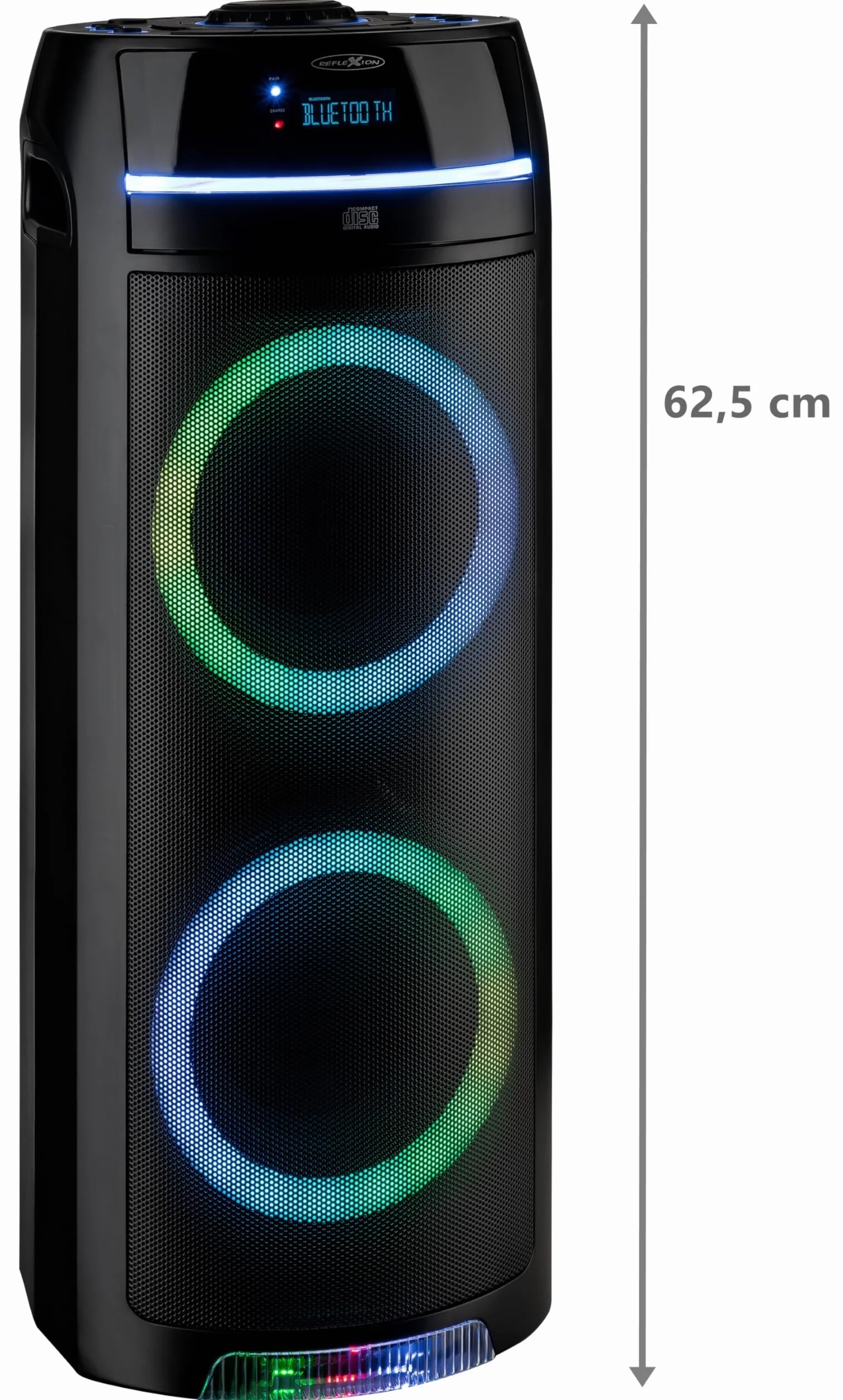 REFLEXION PS10BTCD przenośny głośnik Bluetooth, oświetlenie dyskotekowe LED, z wbudowanym odtwarzaczem CD, wszechstronne złącza, akumulator do 10 godzin muzyki, czarny