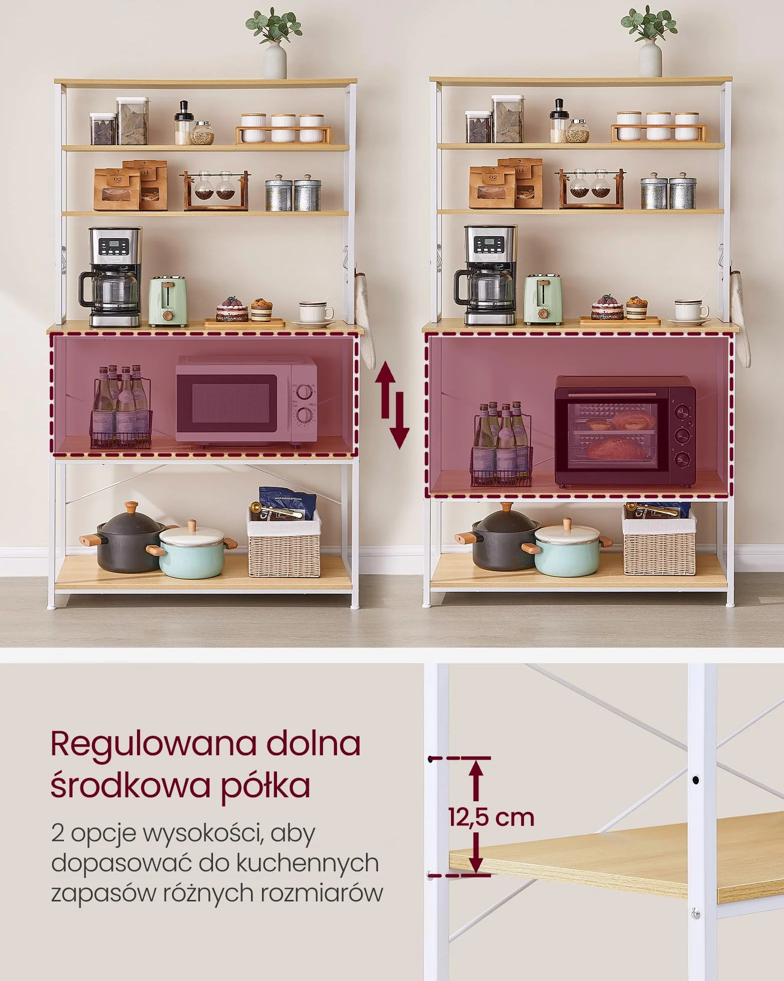 VASAGLE KKS039Y09 Kuchenny stojak do przechowywania, kawiarnia, stojak piekarniczy, łącznie 6 półek i 6 haczyków, do kuchenki mikrofalowej, stalowa rama, przemysłowy, 40 x 100 x 167 cm, złoty dąb i