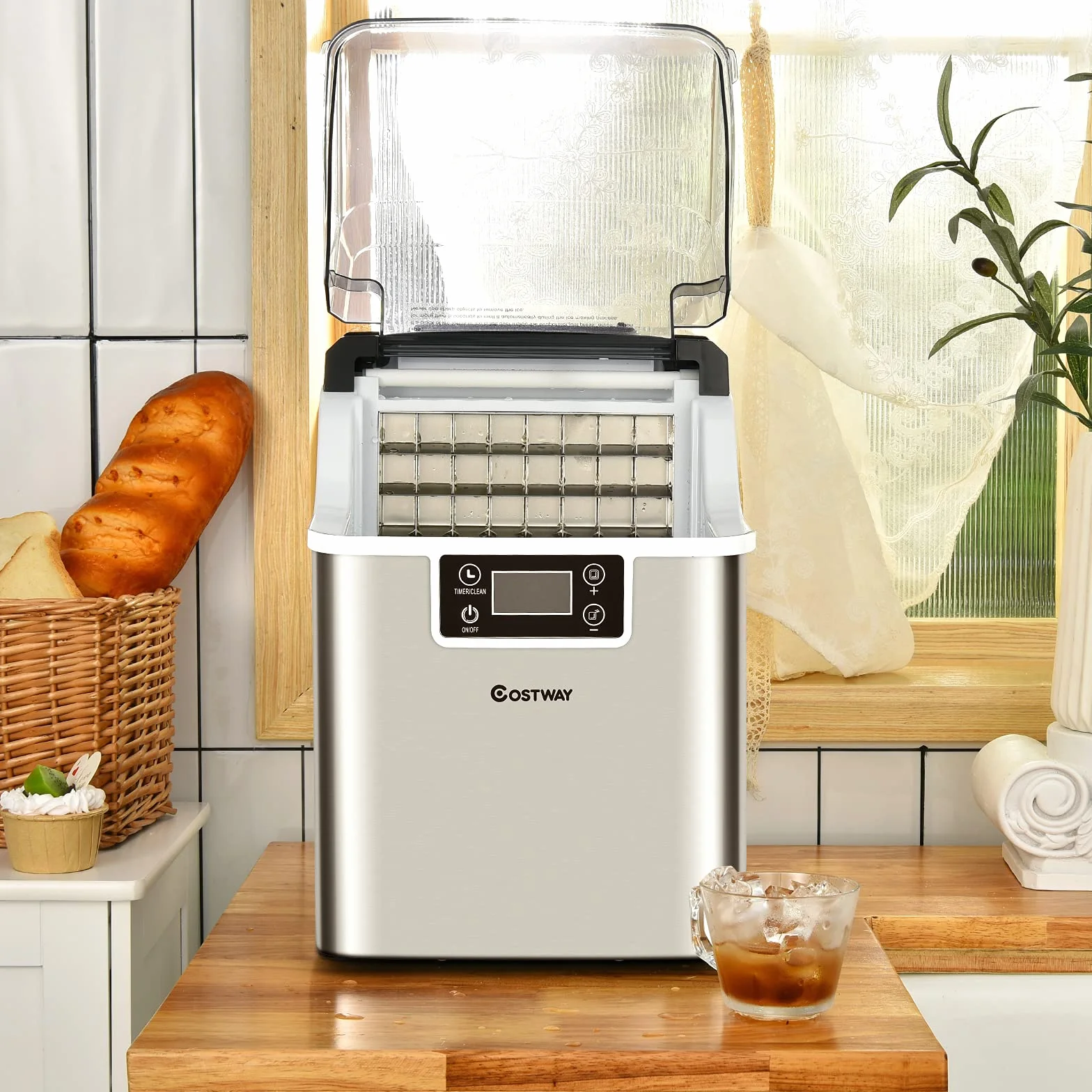 COSTWAY Kostkarka do lodu 3,2L, 24 kostki w 15 min, 18kg/24h, wyświetlacz LCD
