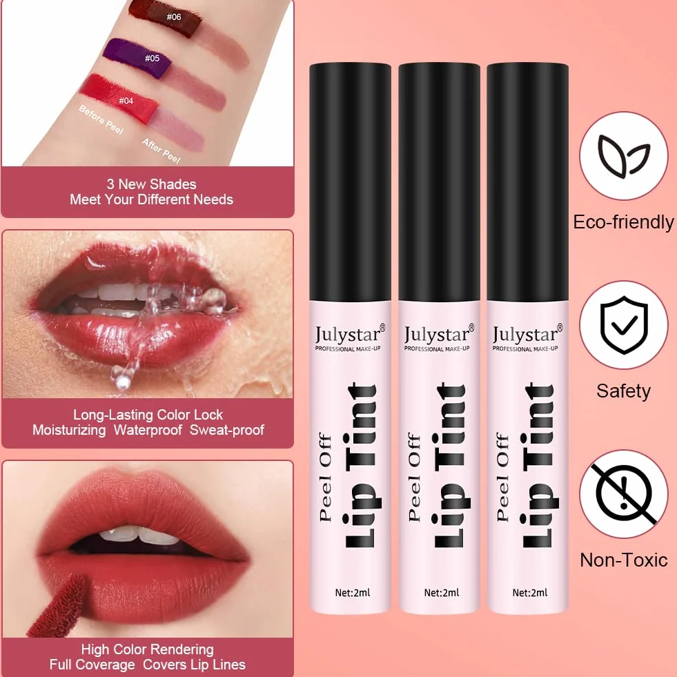LOPHE Lip Tint Peel Off, zestaw 3 kolorów do ust, dla kobiet Odcień do ust, wodoodporny, matowy wykończony szminką, długotrwały błyszczyk, wymienny błyszczyk do ust (zestaw A)