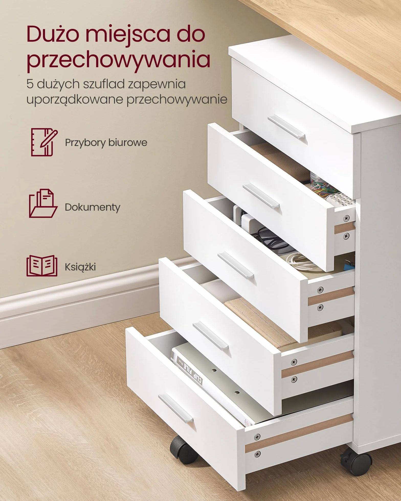 VASAGLE Szafka na dokumenty, mobilna szafka na dokumenty, stojak na drukarkę z 5 szufladami, z szynami ślizgowymi bez śrub, do biura, biura domowego, Cloud White OFC081W01