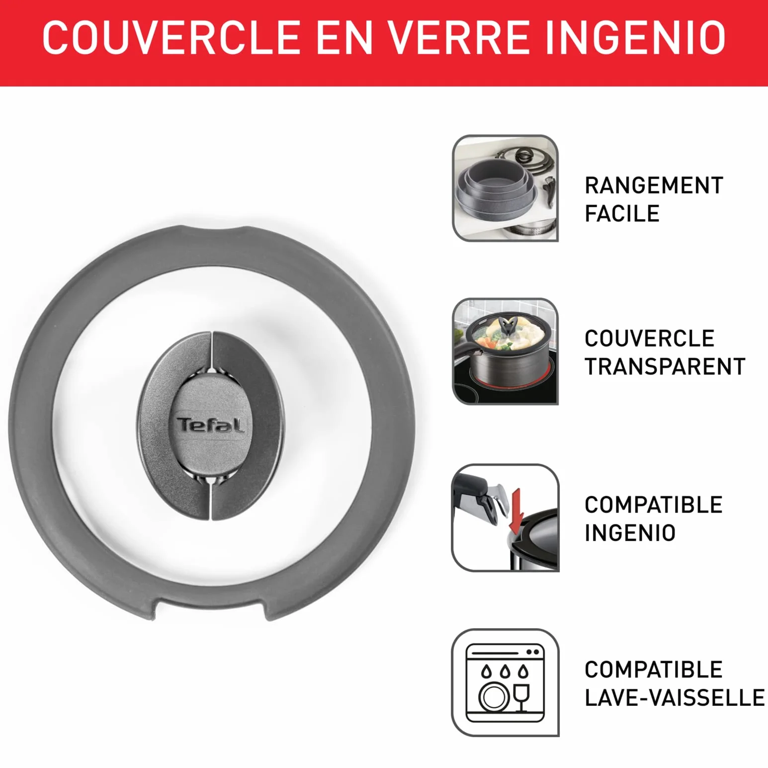 Tefal Ingenio Szklana pokrywka 16 cm składany uchwyt kompatybilne zmywarka przezroczysta czarna