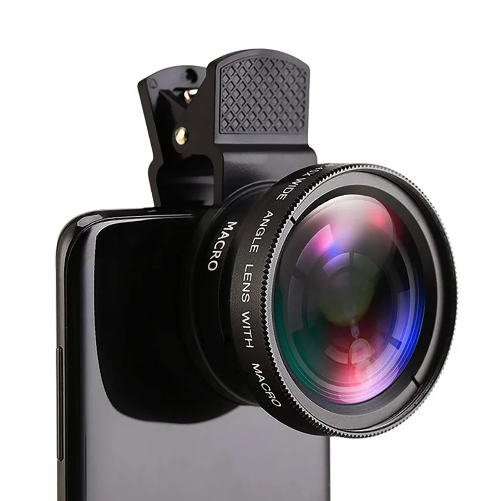 Uniwersalny obiektyw do telefonu komórkowego, uniwersalny klips, uniwersalny telefon komórkowy, profesjonalny super szeroki kąt + makro 2 w 1 dla iPhone'a z systemem Android, czarny