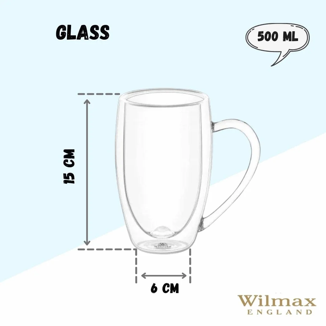Wilmax szklanki termiczne z podwójnymi ściankami z uchwytem | zestaw 6 szklanek | 500 ml | zestaw szklanek do latte macchiato | szklanki do cappuccino z uchwytem | szklanki do kawy | szklanki do