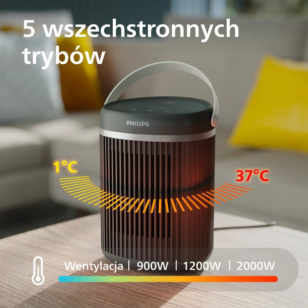 Philips Serii 3000 Termowentylator 2000 W EcoAI Oszczędność 50% Aplikacja Cicha Praca 24 dB(A) Oscylacja 45° Ciemnoszary CX3120/01