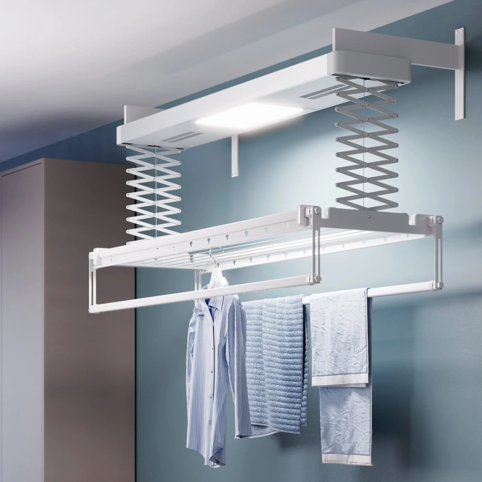 foxydry Pro suszarka sufitowa podgrzewana na pranie, aluminiowa i stalowa suszarka do bielizny z gorącą wentylacją (ze ściany, 160 cm)