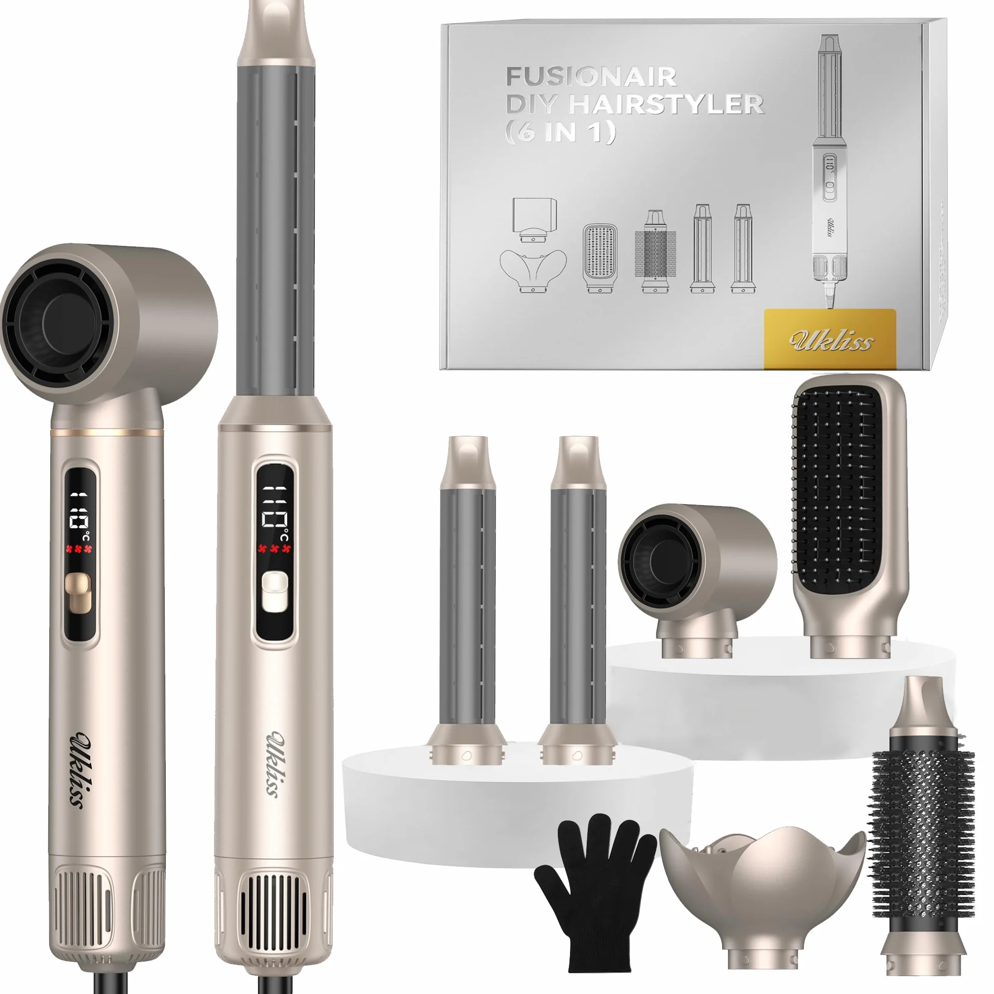 UKLISS Styler do włosów 6 w 1 z wyświetlaczem LCD, zestaw do stylizacji włosów z suszarką do włosów, suszarka do włosów, okrągła suszarka do włosów, szczotka do włosów z ciepłym powietrzem, airbrush