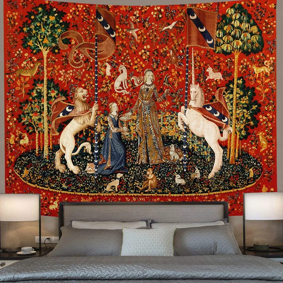 FEASRT Gobelin średniowieczny damski europejski królewski gobelin damski i jednorożec gobelin do sypialni salonu mieszkania akademika dekoracja ścienna gobeliny 203 x 152 cm GTDSAY76