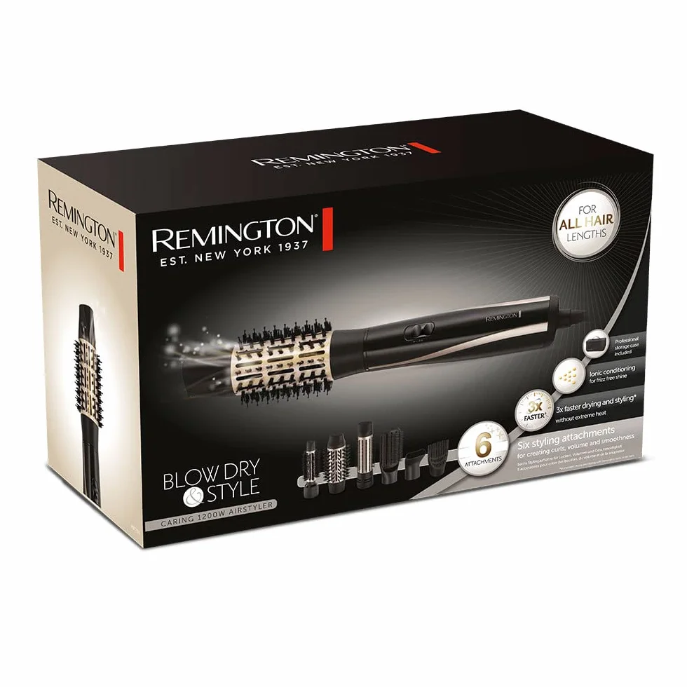 Remington suszarko-lokówka, odpowiednia do wszystkich długości włosów, jonizacja, 6 końcówek, 3 ust. temp., 2 ust. prędkości, 3m obrotowy przewód, etui, zimny nawiew, moc 1200W, Blow and Dry, AS7700