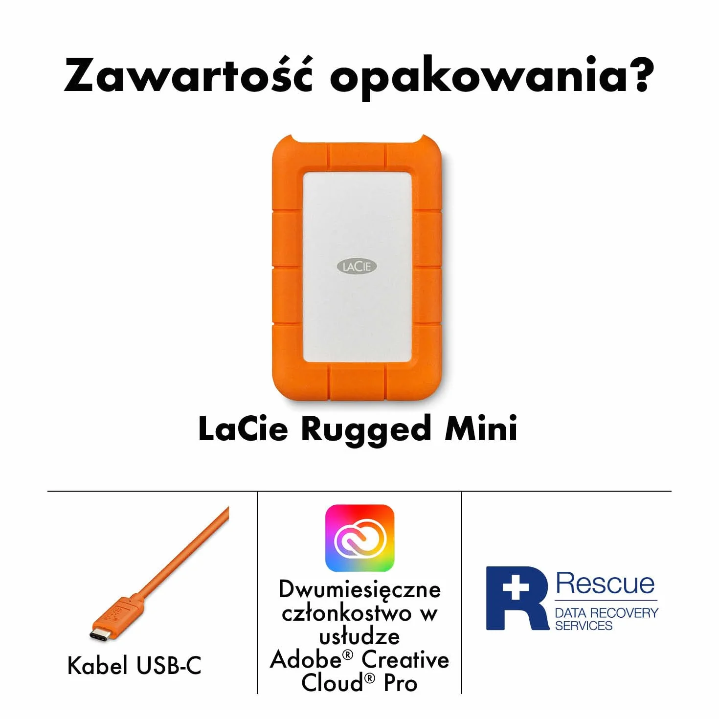 LaCie Rugged Mini 1TB, Zewnętrzny dysk twardy przenośny, 2.5", PC Mac iPad & iPhone, Data Rescue Service (LAC301558)