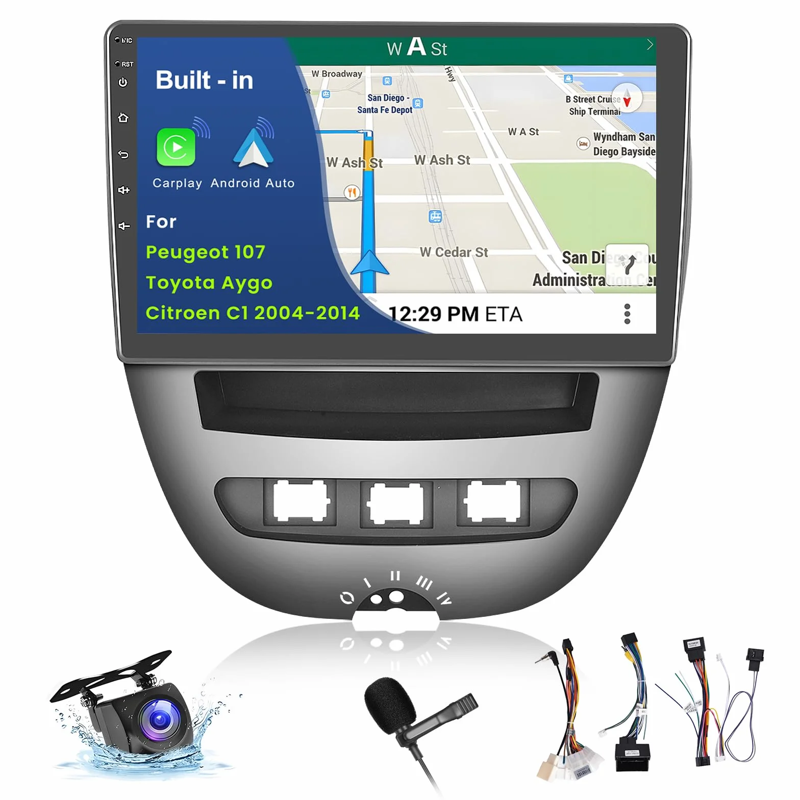 Inefala 2G+64G Android Car Stereo do Peugeota 107/Toyoty Aygo/Citroena C1 2004-2014, 10-calowy ekran dotykowy Bluetooth Car Stereo z bezprzewodową funkcją CarPlay i Android Auto GPS/WiFi/RDS/mikrofon