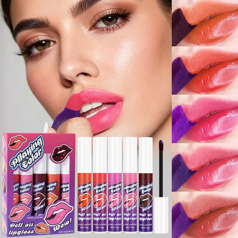 Peel Off Lip Stain Zestaw 5 Kolorów, Odciek do ust z matowym wykończeniem, długotrwały i wodoodporny, wysoce pigmentowany, błyszczyk do ust pozostanie na cały dzień