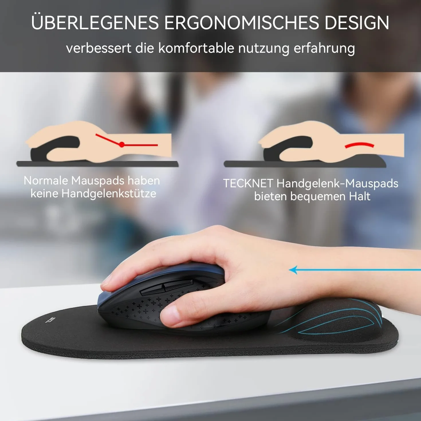 TECKNET Podkładka Pod Myszke, Ergonomiczna Podkładka Pod Mysz z Podpórką Pod Nadgarstek, Wodoodporna i Antypoślizgowa Mousepad, Podkładka Pod Mysz Komputerową do Gier i Użytku Biurowego