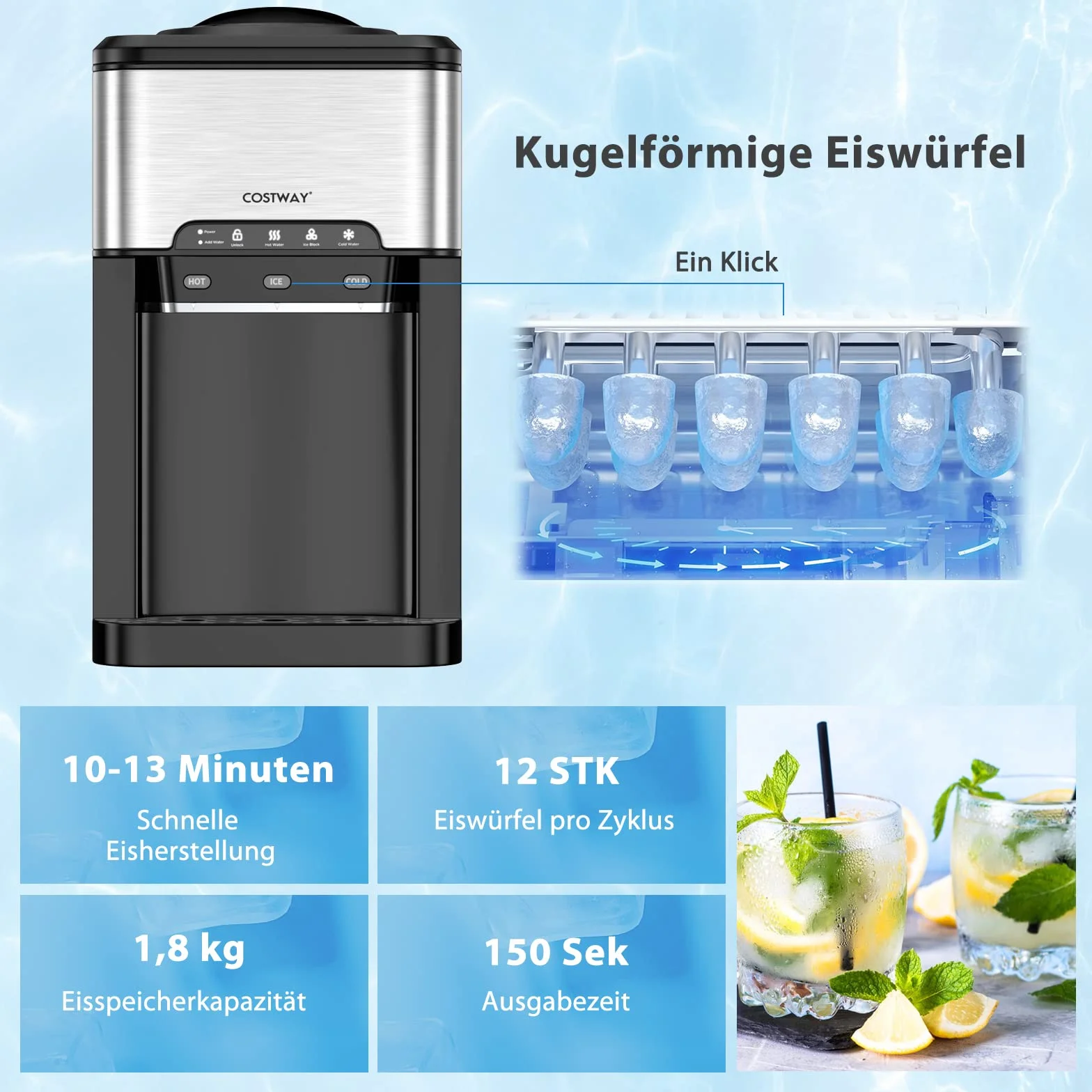 COSTWAY Maszyna do kostek lodu z gorącą i zimną wodą, 3 l, 19 kg/dzień