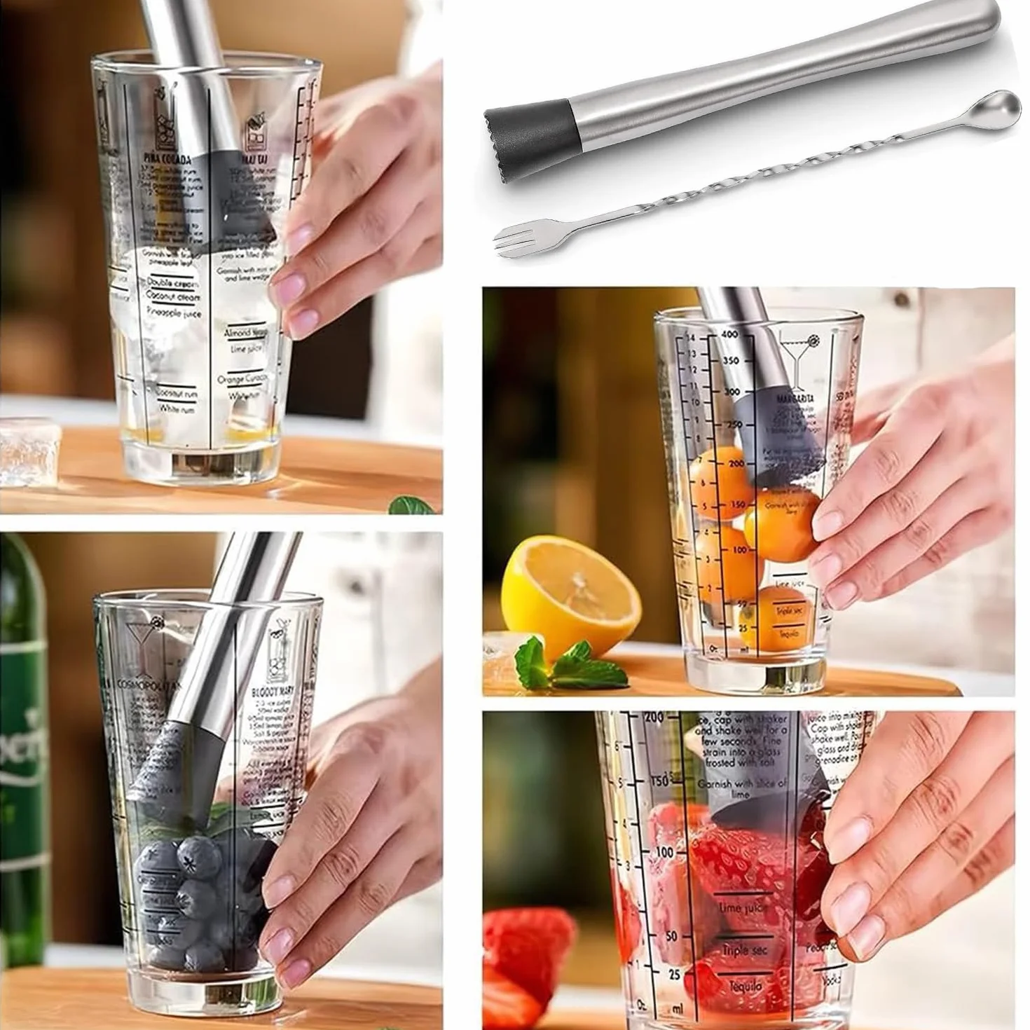 Tłuczek do koktajli ze stali nierdzewnej z łyżką barową, akcesoria do mojito