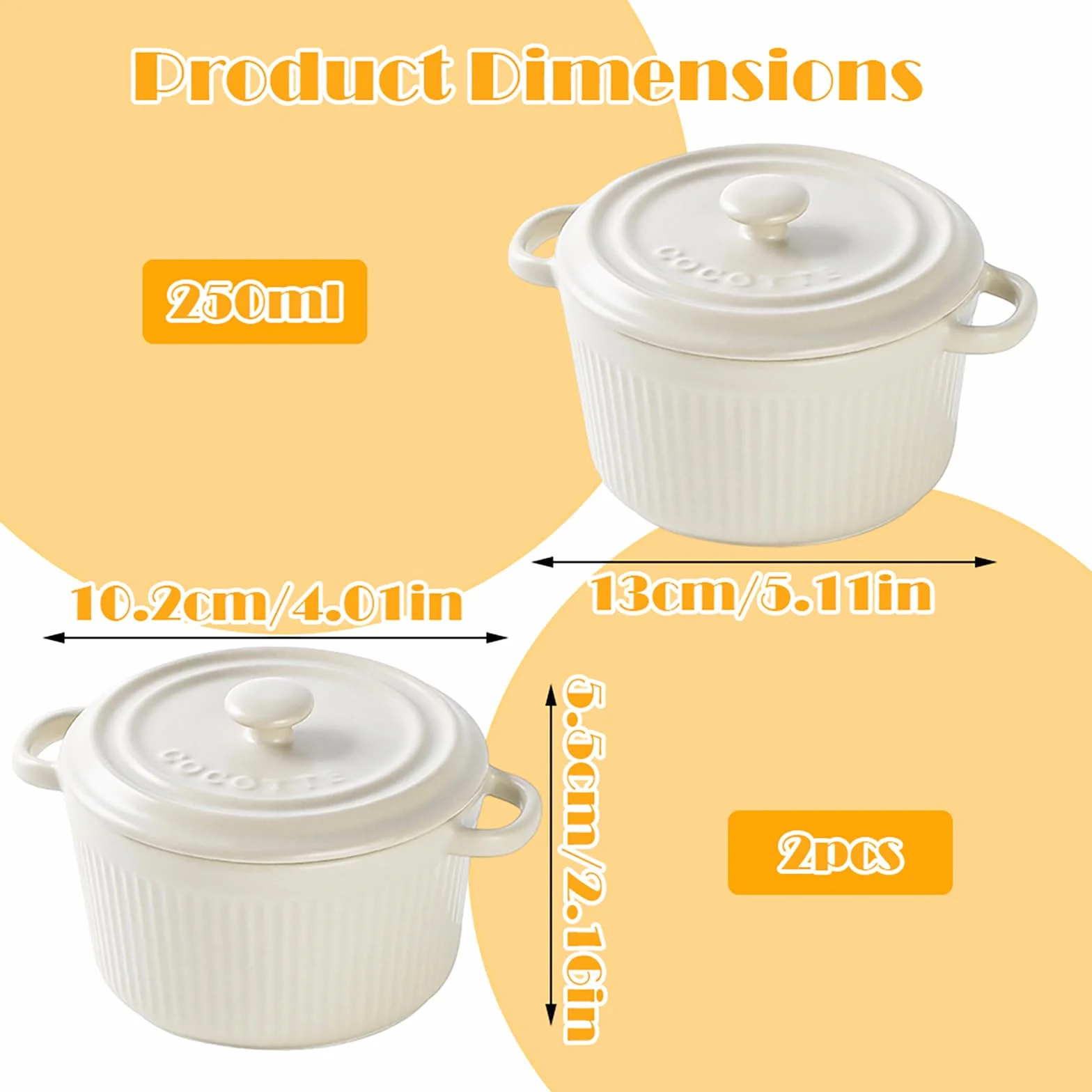Mini Cocotte 2-częściowy zestaw mini Cocotte z pokrywką 250 ml, okrągłe naczynie do zapiekanek, ceramicznych, z uchwytami do lasagne, sufletu, warzyw, kremowej brûlée, do frytkownicy na gorące