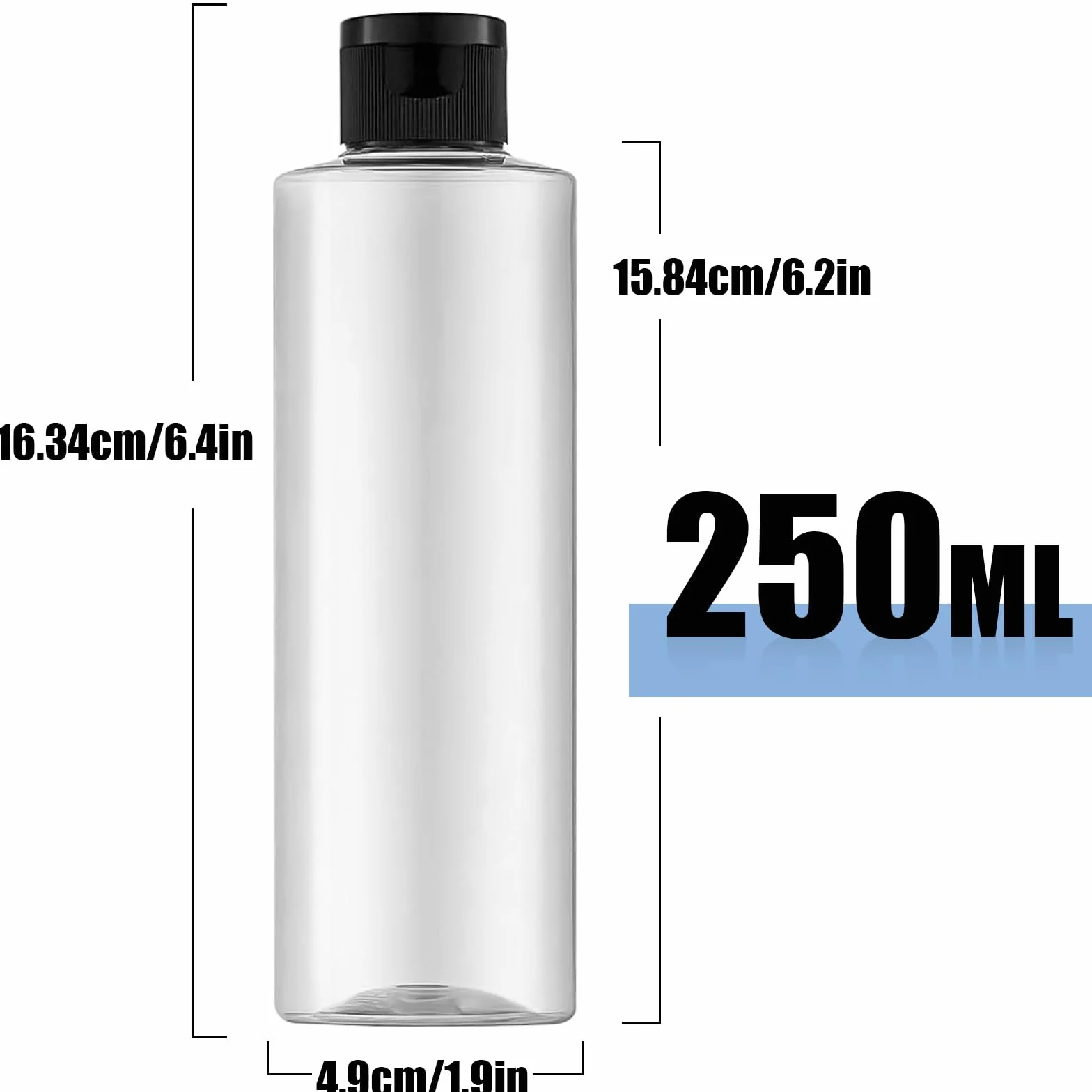 Zestaw butelek podróżnych, 250 ml, z klapką (4 sztuki) pustych dozowników plastikowych butelek, butelki do napełniania kosmetyków z lejkiem (przezroczyste)