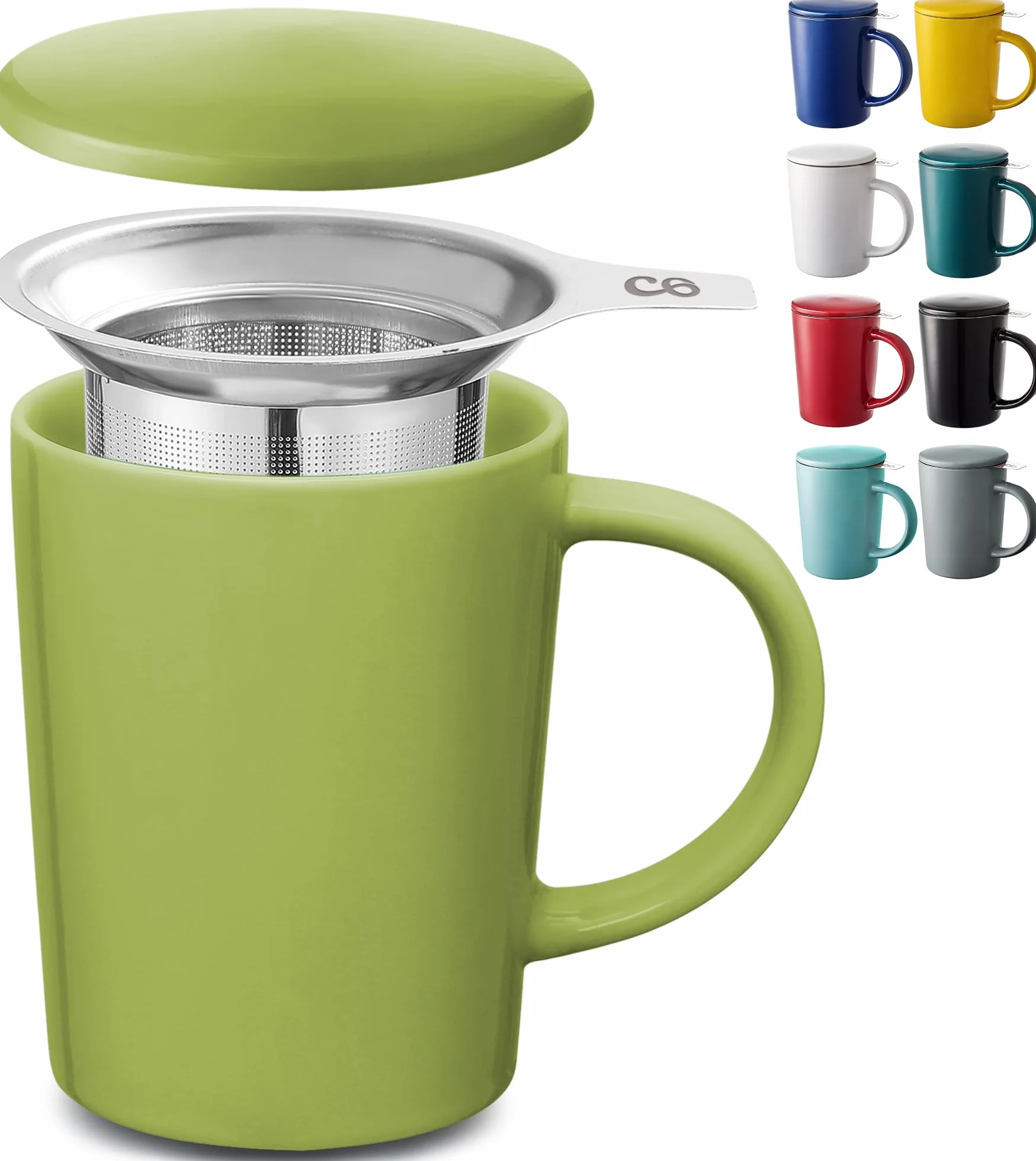 Filiżanka do herbaty ceramiczna z sitkiem i pokrywką 400 ml zieleń matcha