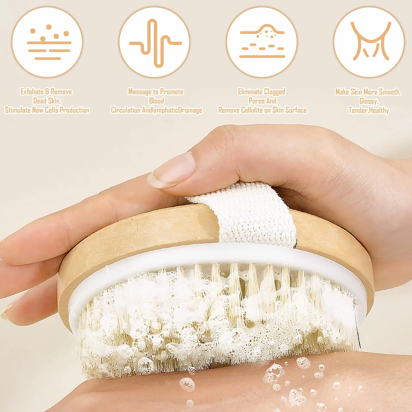 AKONE Sucha szczotka do drenażu limfatycznego, 2 sztuki, szczotka z włosia dzika, szczotka do masażu ciała, peeling, cellulit, poprawia krążenie krwi, okrągła szczotka do masażu ręcznego 11 cm