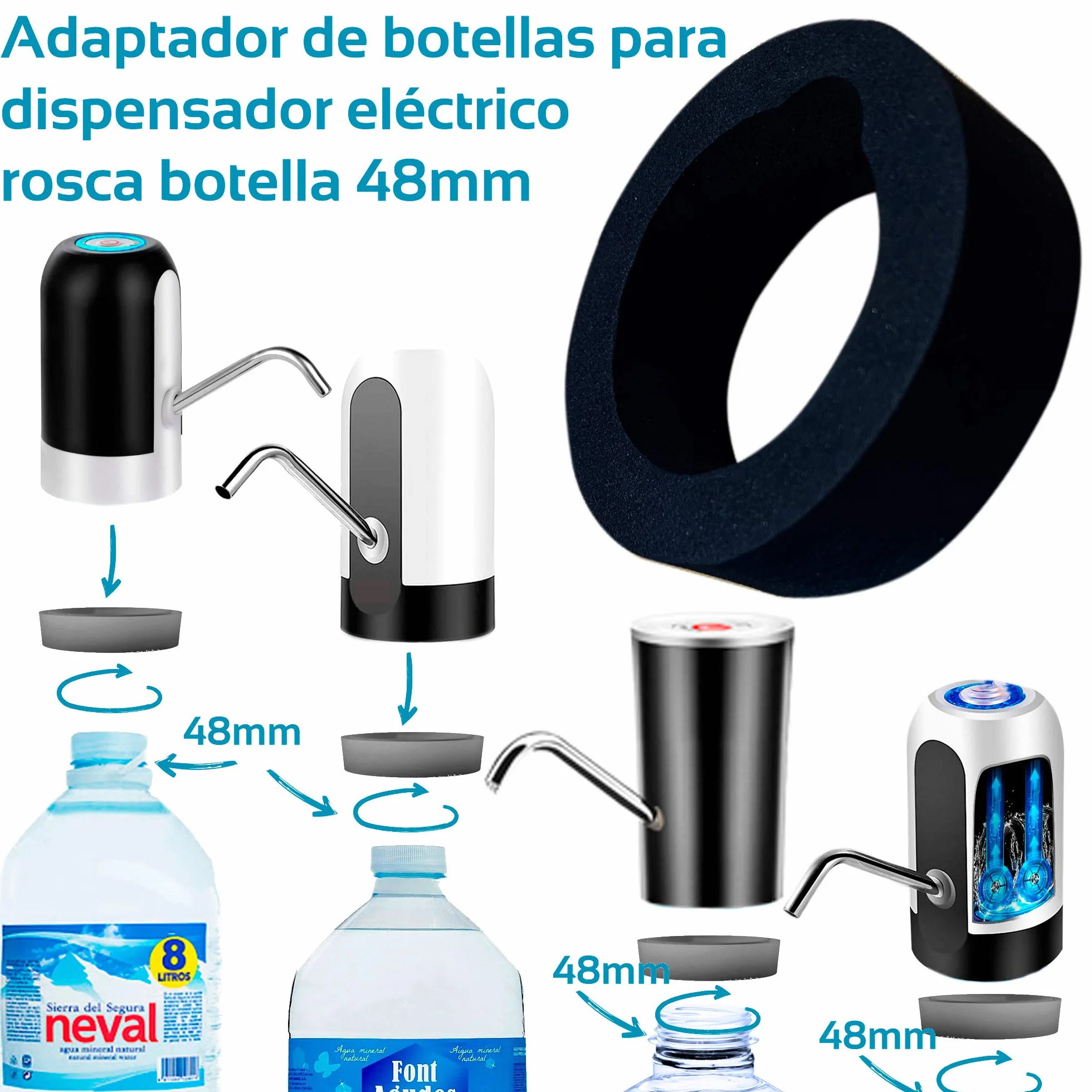 MovilCom® - Adapter do elektrycznego dozownika wody kompatybilny z butelkami 5, 6, 8, 10, 12 l, 37, 38 i 48 mm