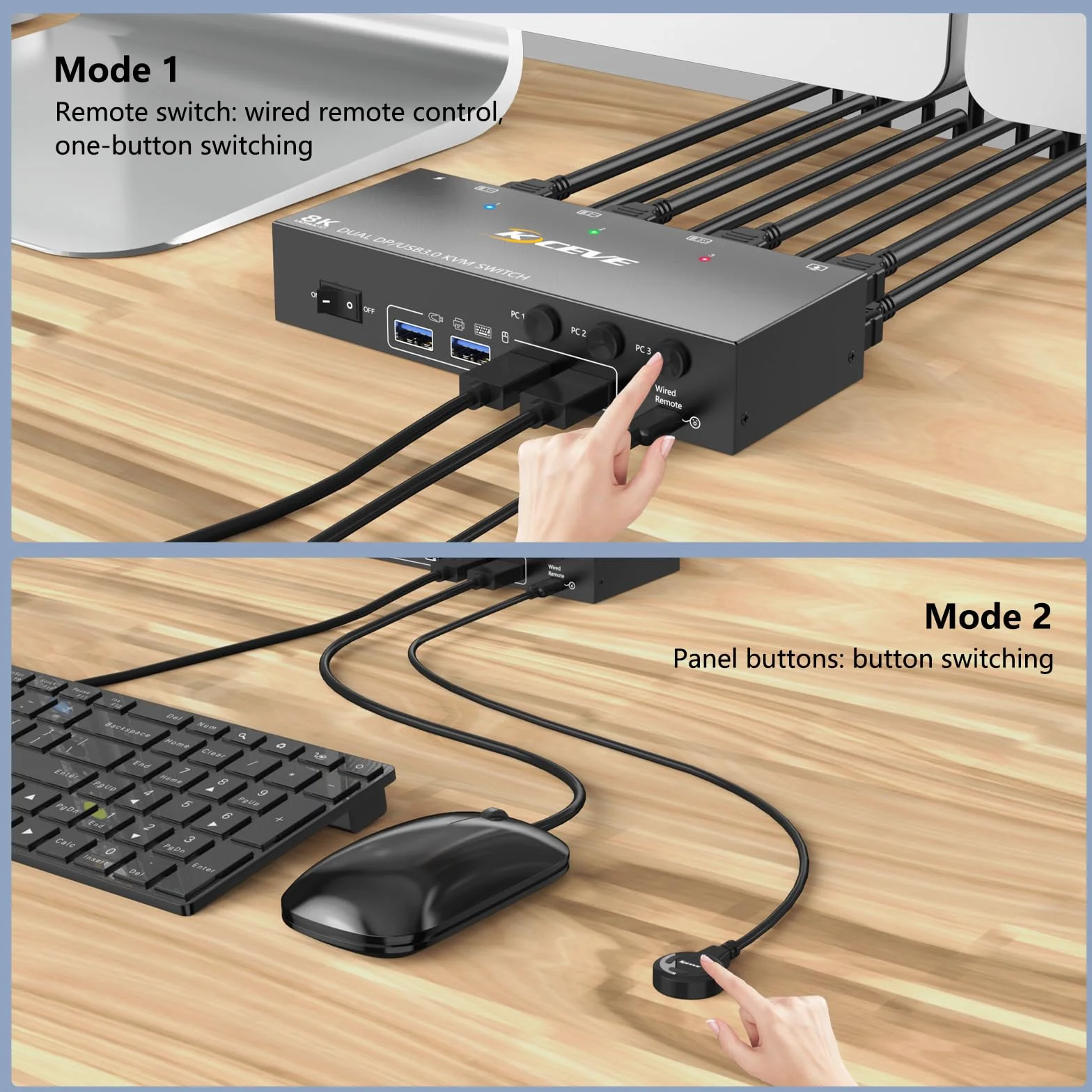Przełącznik KVM 8K 30 Hz 3 komputery, 2 monitory, 4K @ 144 Hz Displayport KVM Switch 3 PC dzielą 2 monitory i 4 urządzenia USB 3.0, w tym przewodowy pilot zdalnego sterowania, zasilacz sieciowy i
