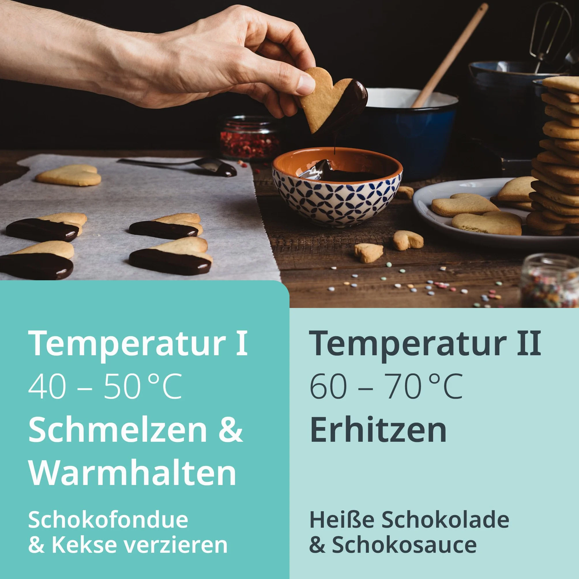 ADE Elektryczne czekoladowe fondue z 2 stopniami temperatury, 6 widelców do czekolady, z wyjmowanym pojemnikiem z teflonem, pojemność 250 ml