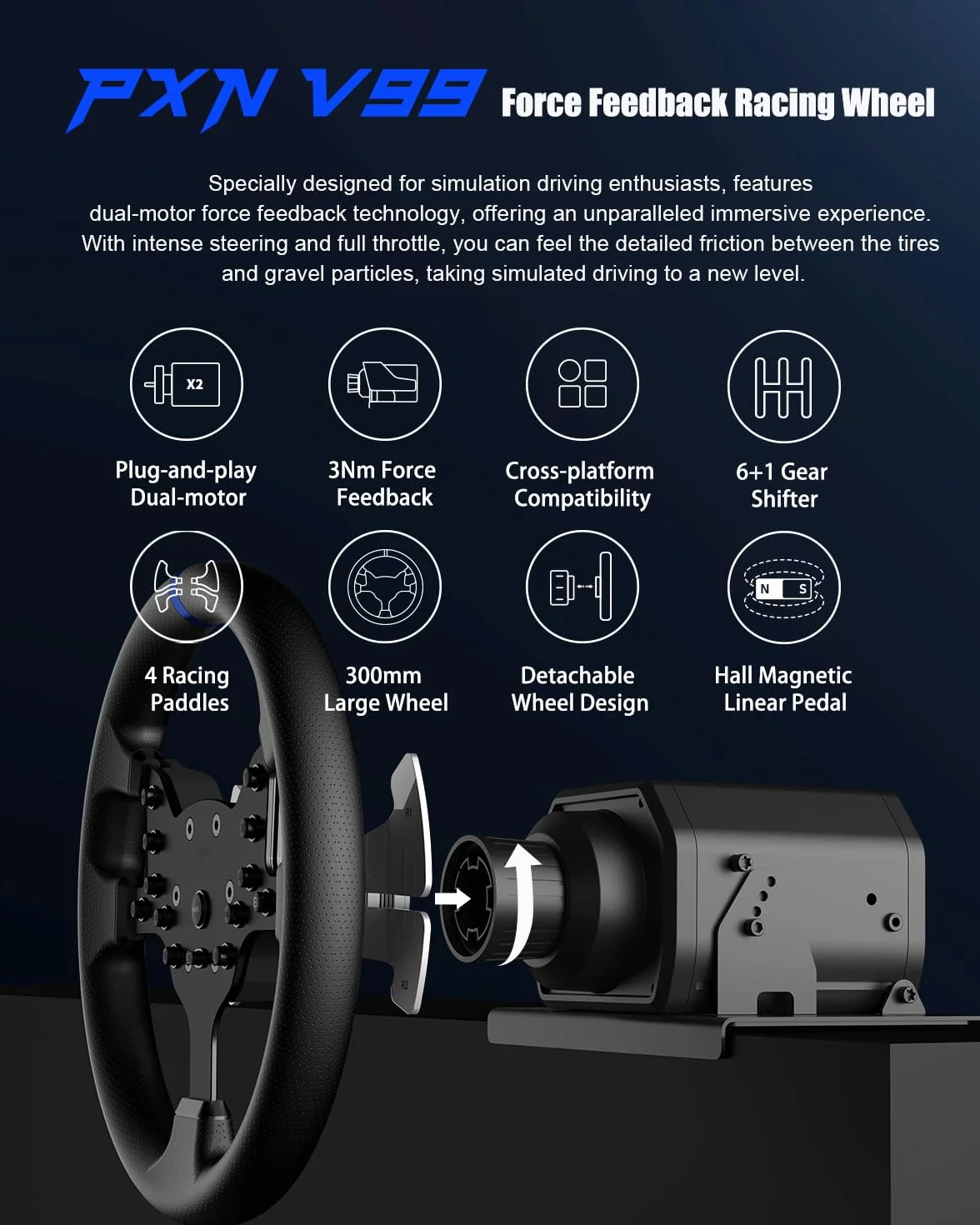 PXN V99 Kierownica do gier, Driving Force Feedback Kierownica z pedałami i zmianami - 3,2 nm, 270° i 900°, 11,8 cala, 4 peddle Shifters, narzędzia APP - wyścigowa kierownica do PC, Xbox, PS4