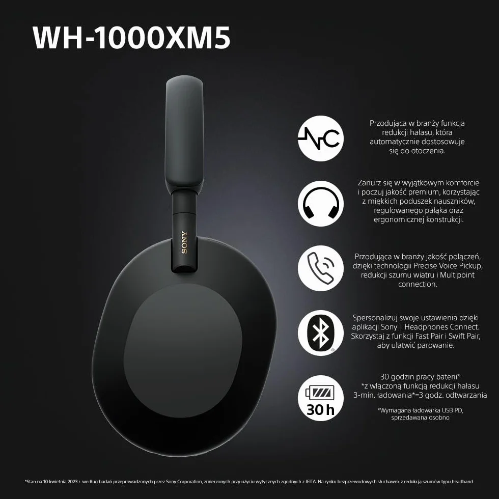 Sony WH-1000XM5 ANC Bezprzewodowe Słuchawki Nauszne z Redukcją Hałasu, Bluetooth, Clear Call Quality, Hi-Res, Do 30H Baterii, Szybkie Ładowanie, Alexa i Google Assistant, IOS i Android - Czarne