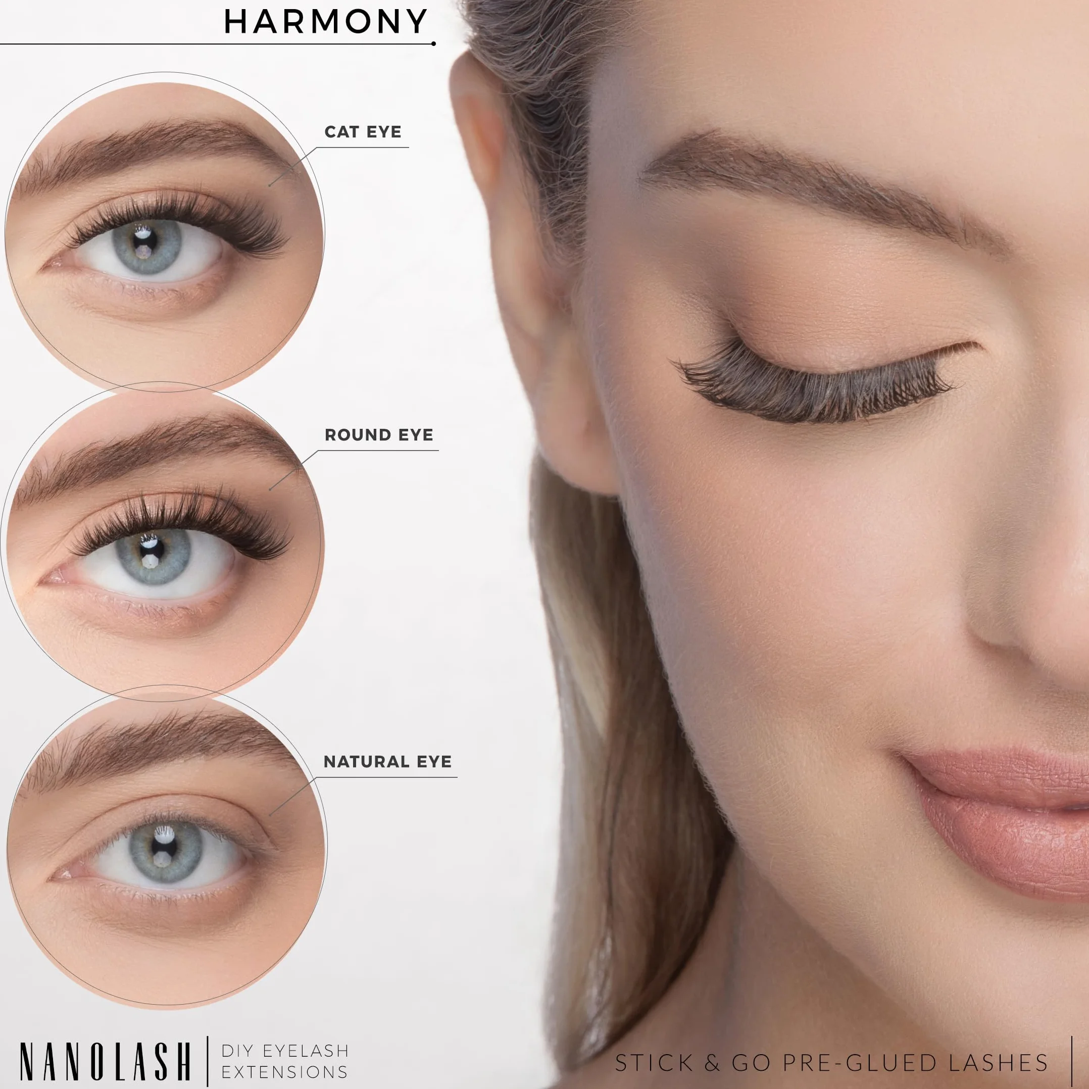 Sztuczne rzęsy pre-glued Nanolash - kępki rzęs do samodzielnego przedłużania w domu - samoprzylepne rzęsy DIY, zestaw kępek + aplikator (HARMONY)