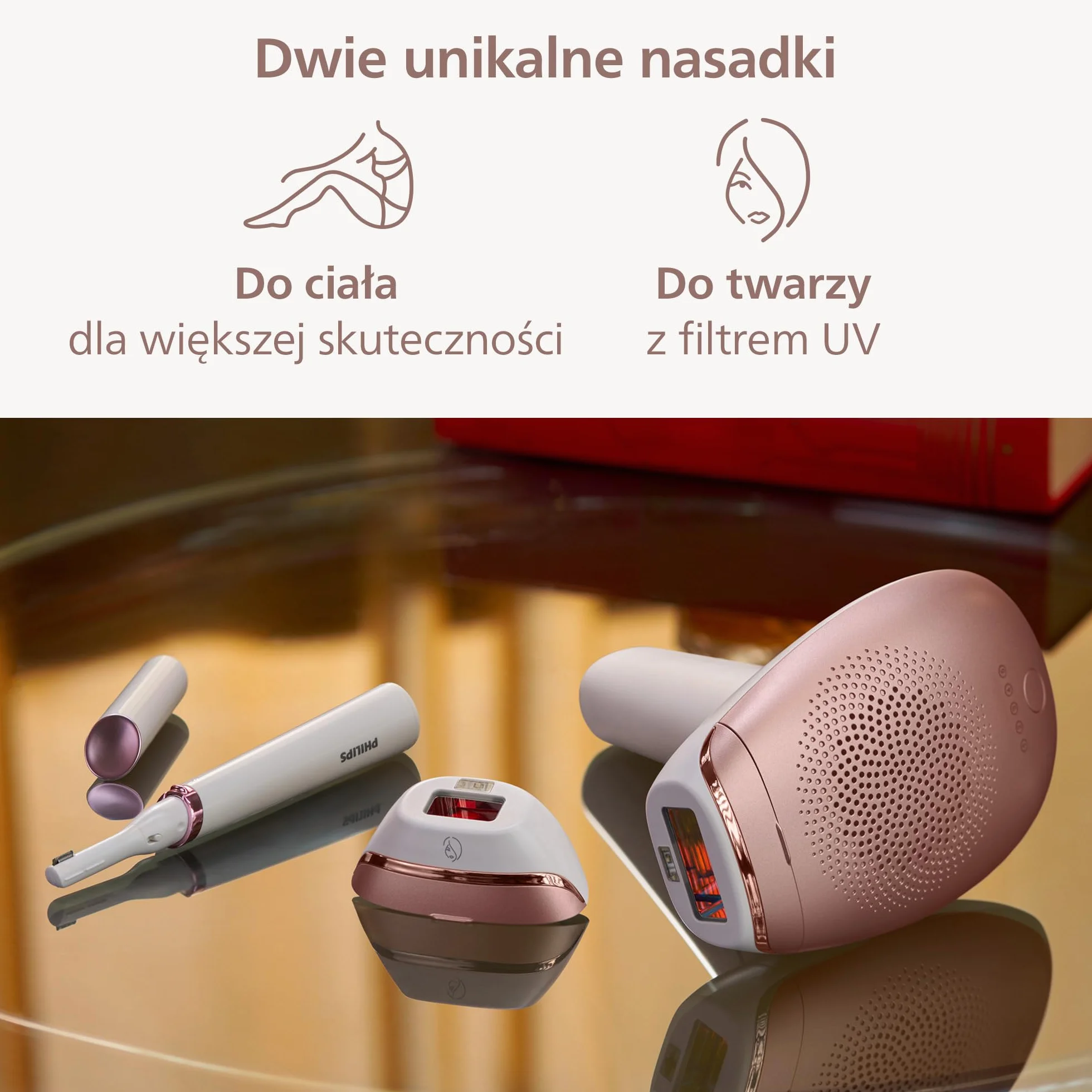 Philips Lumea z serii 7000 - urządzenie IPL do depilacji światłem. Zestaw z 2 nasadkami: do ciała i twarzy oraz ołówkowym trymerem do wyrównywania Satin Compact. Zasilanie sieciowe. BRI921/00