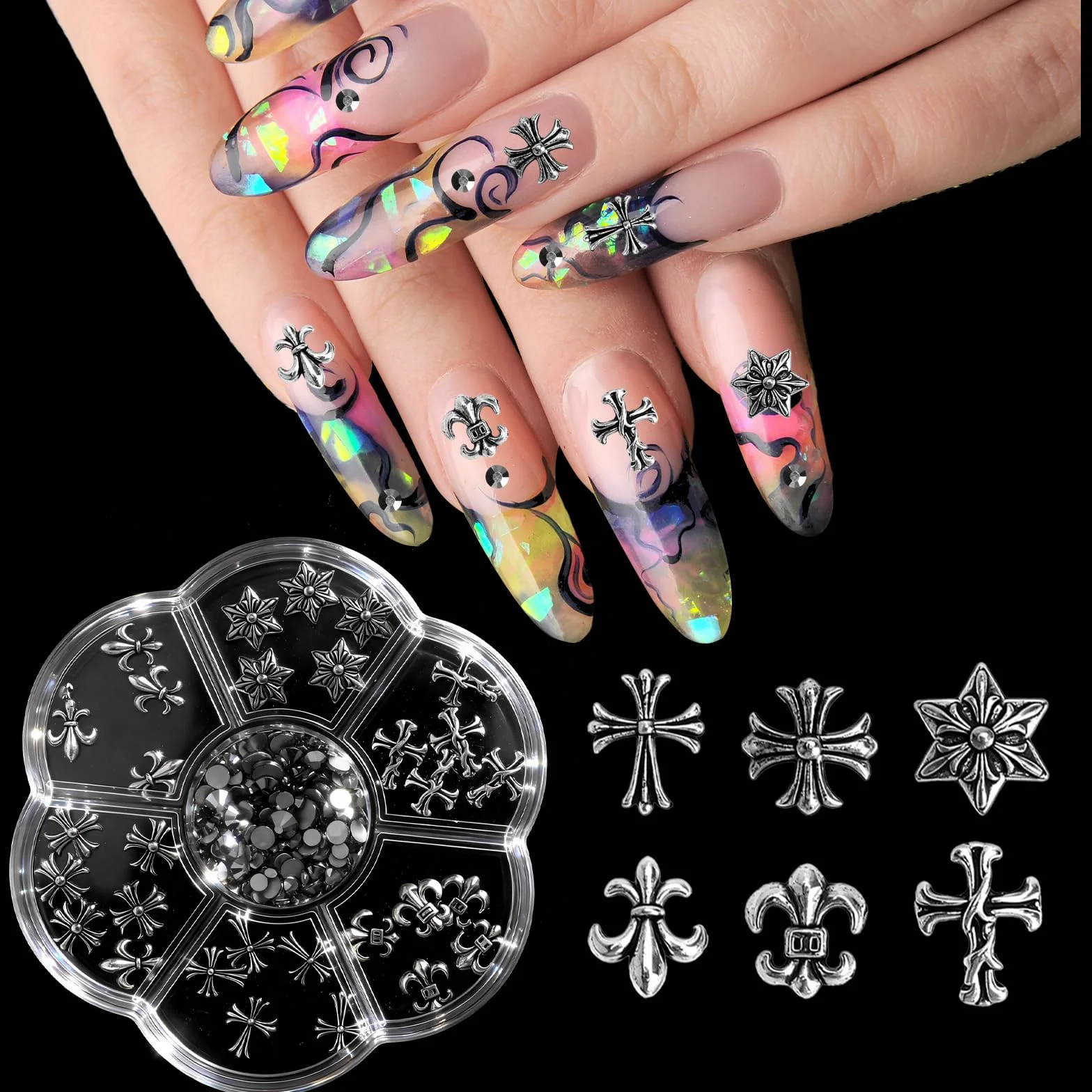 Zestaw 230 sztuk charmsów do paznokci w kolorze srebrnym, vintage Nail Art Charms kamienie, srebrne ozdoby do paznokci i kamienie do paznokci, zawieszki do paznokci, łącznie z pęsetą