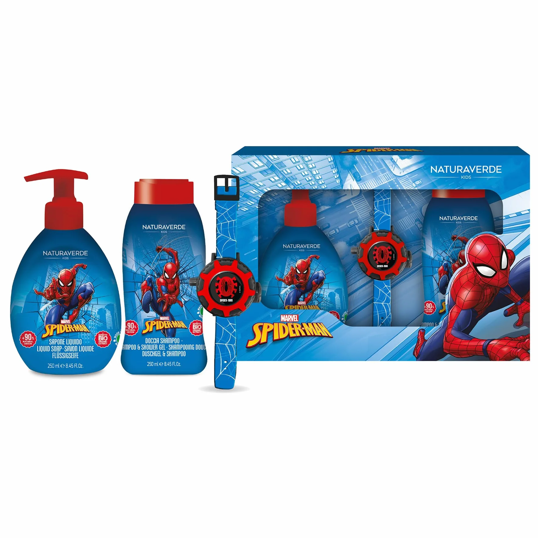 Naturaverde Spiderman Gift Set szampon pod prysznic 250 ml, mydło w płynie 250 ml i zegarek na rękę