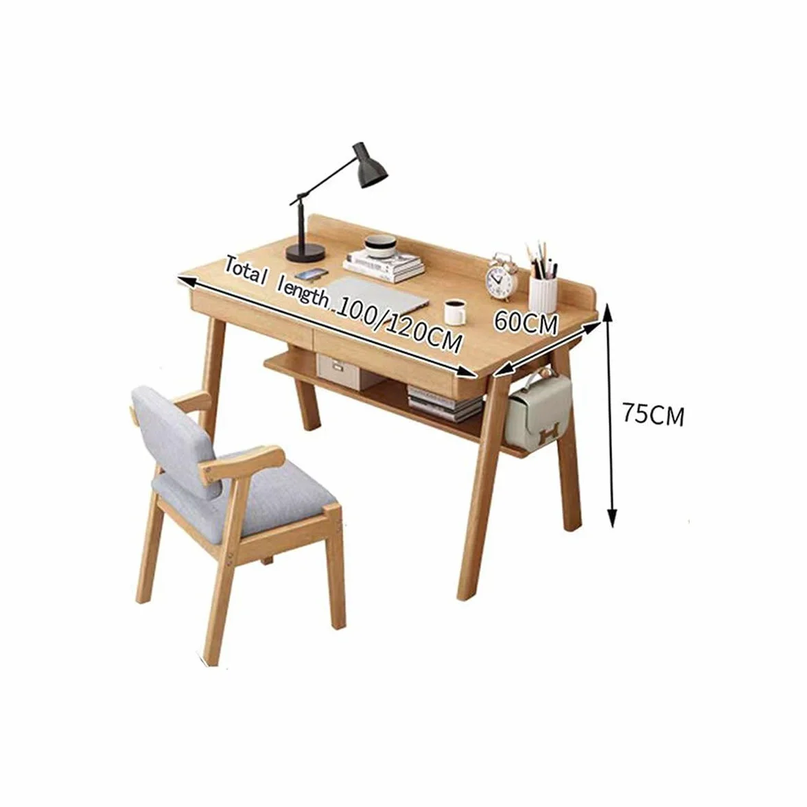 Biurko z litego drewna orzechowego w stylu mid-century modern z 2 szufladami 120 x 60 x 75 cm