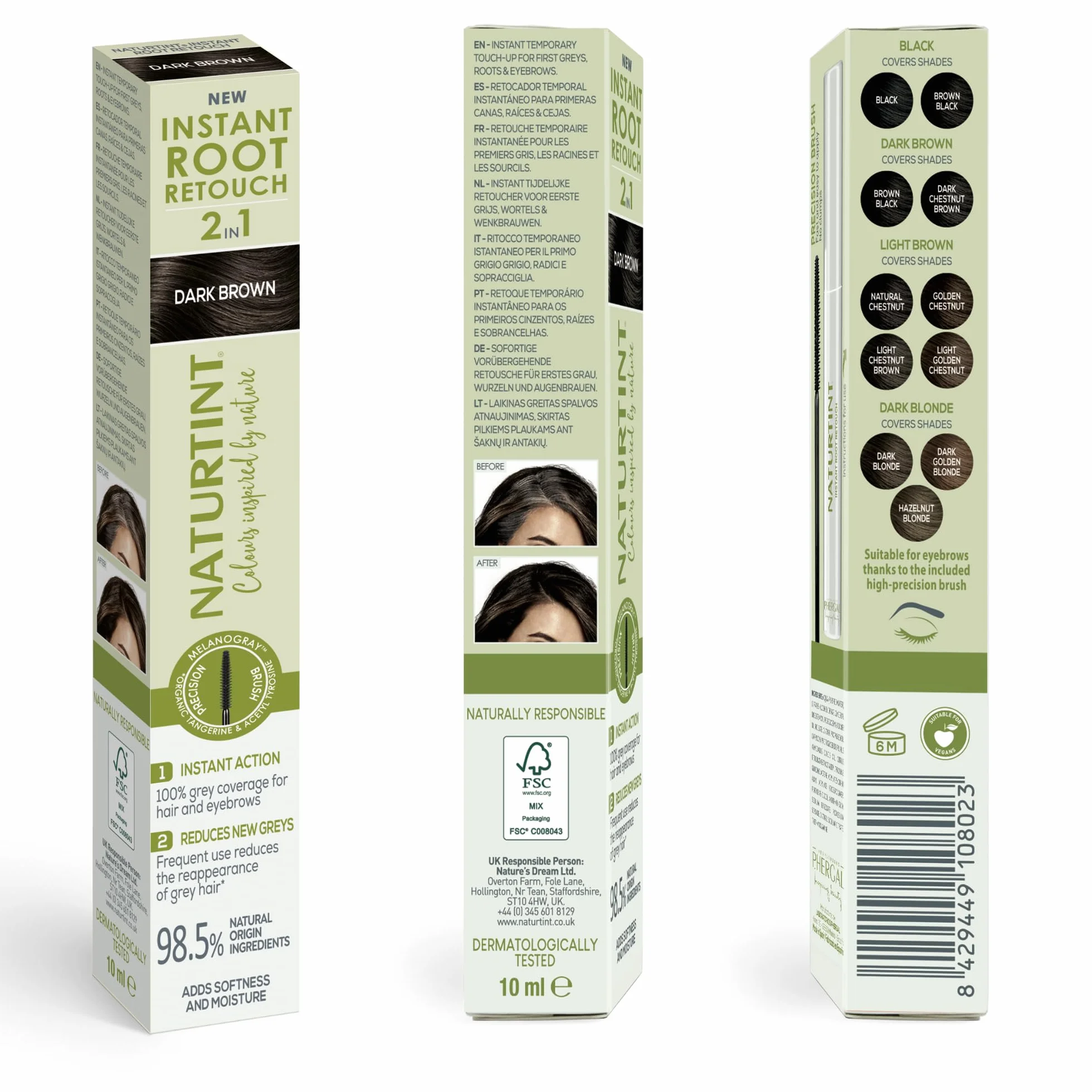 Naturtint Instant Root Retouch | tymczasowy środek do korekcji włosów siwych do korzeni i brwi | praktyczny i wygodny dzięki pędzelkowi | 98,5% naturalnych składników | ciemnobrązowy | 10 ml