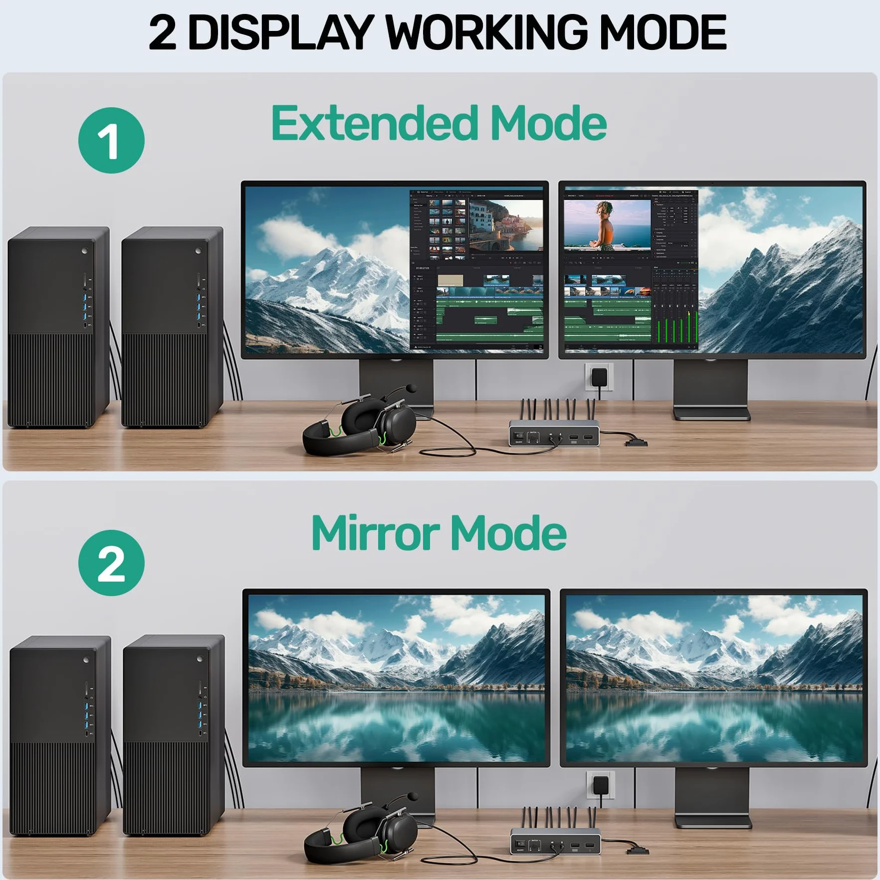 SUIDEK Przełącznik HDMI Displayport KVM, 2 komputery, 2 monitory, 4K 60 Hz, przełącznik KVM, podwójny monitor do 2 PC, 3 porty USB 3.0, obsługa trybu Extended/Mirror z kontrolerem na pulpicie i 2