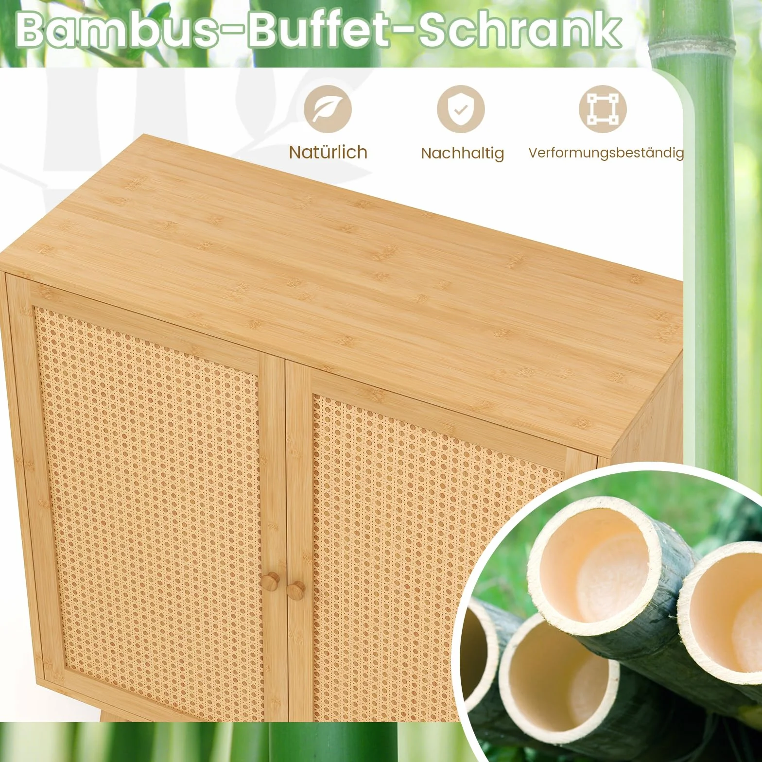 COSTWAY Kredens z rattanowymi drzwiami bambusowa szafka kuchenna z blatem roboczym 80x34.5x85 cm naturalny