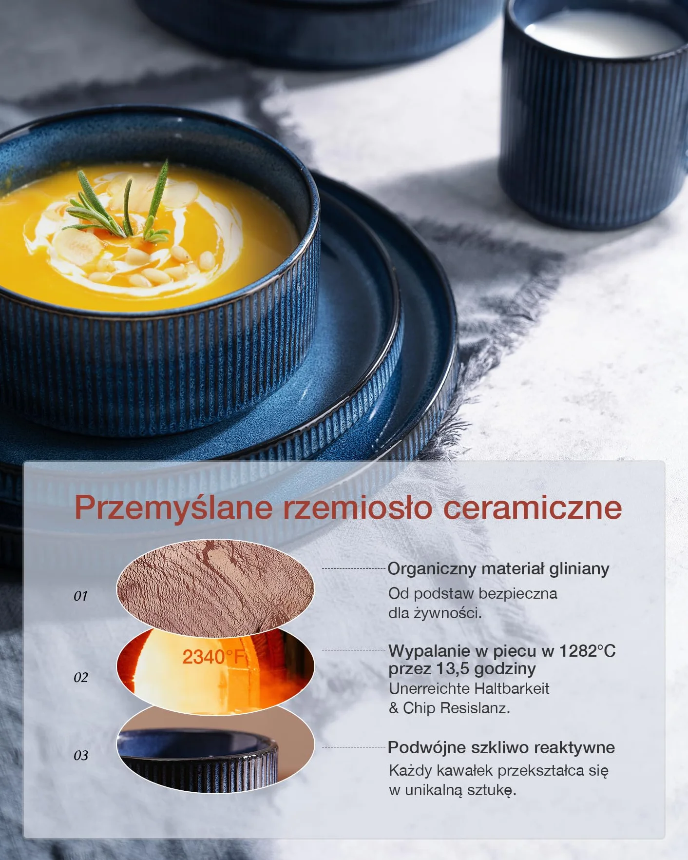 Richmount Star 18-częściowy zestaw talerzy kamionkowych dla 6 osób, do mikrofali i zmywarki, mglisty niebieski
