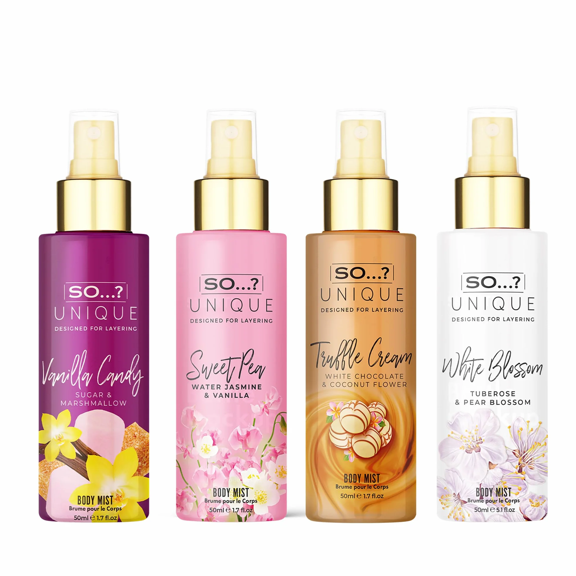 So…? Unikalny damski zestaw upominkowy Mini Mist z cukierkami waniliowymi, groszkiem cukrowym, kremem truflowym i kaszmirem, zestaw zapachowy mgły do ciała (4 x 50 ml)