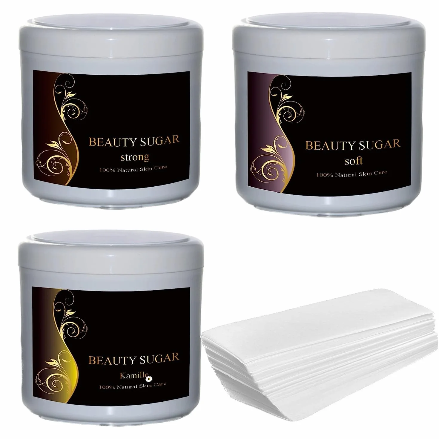 Sugaring Wax Kit - Beauty Sugar Test Set + 50 pasków fizelinowych GRATIS - pasta cukrowa do depilacji - wszystkie trzy pasty w formacie XXL á 600g - do okolic intymnych, twarzy i ciała
