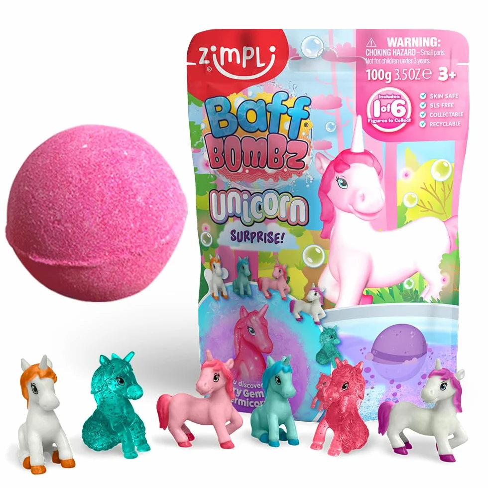 ZIMPLI - Large Unicorn Surprise Bath Bomb, 1 z 6 zabawek‑jednorożców do zebrania, 1 zabawka w każdej kuli Baff Bombz, kolekcjonerska zabawka do kąpieli dla dzieci