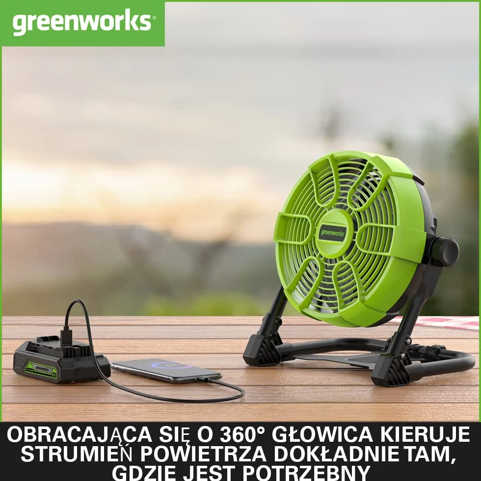 Greenworks G24FAN Akumulatorowy Wentylator Hybrydowy 25,4 cm 2600 obr/min 5 Ustawień Szybkości Obrotowa Głowica 360° BEZ Akumulatora 24V
