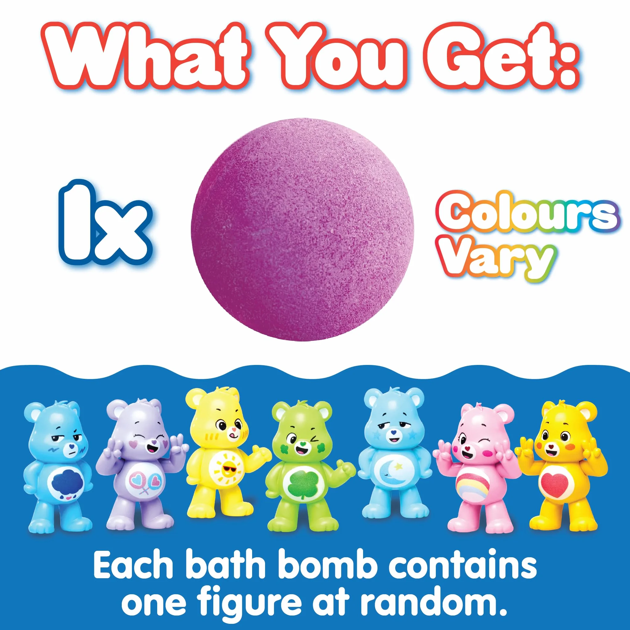 ZIMPLI - duża kula do kąpieli Care Bears Surprise, 1 z 7 zabawek do zebrania, jedna w każdej kuli Baff Bomb, wypełniacze do torebek na przyjęcia urodzinowe dla dzieci, upominki, kolorowa, musująca