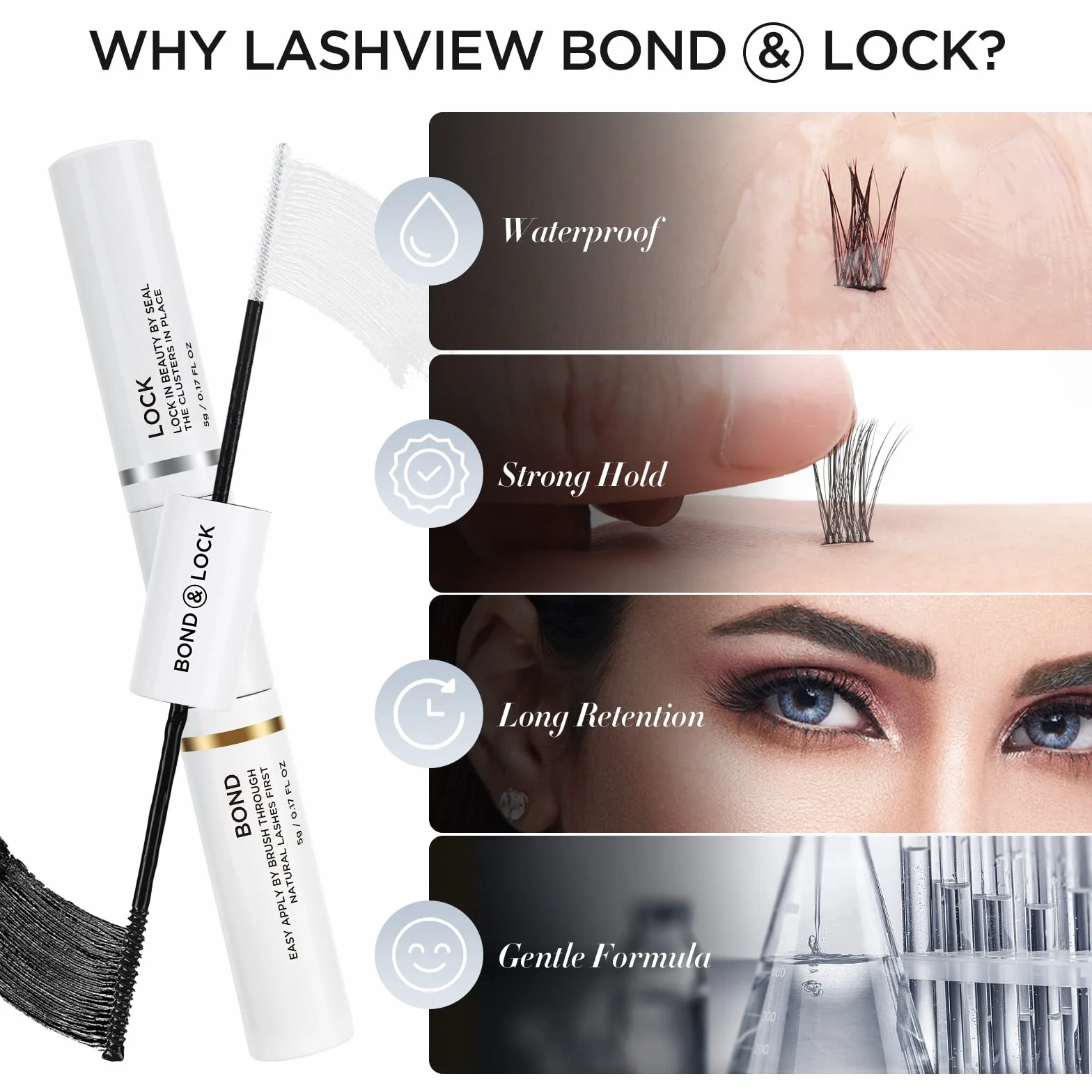 LASHVIEW Lash Bond and Seal, Cluster Lash Glue Strong Gentle Comfortable Lash Adhesive for All Day Wear Latex-Free Suitable for Sensitive Eyes Eyelashes Glue Waterproof