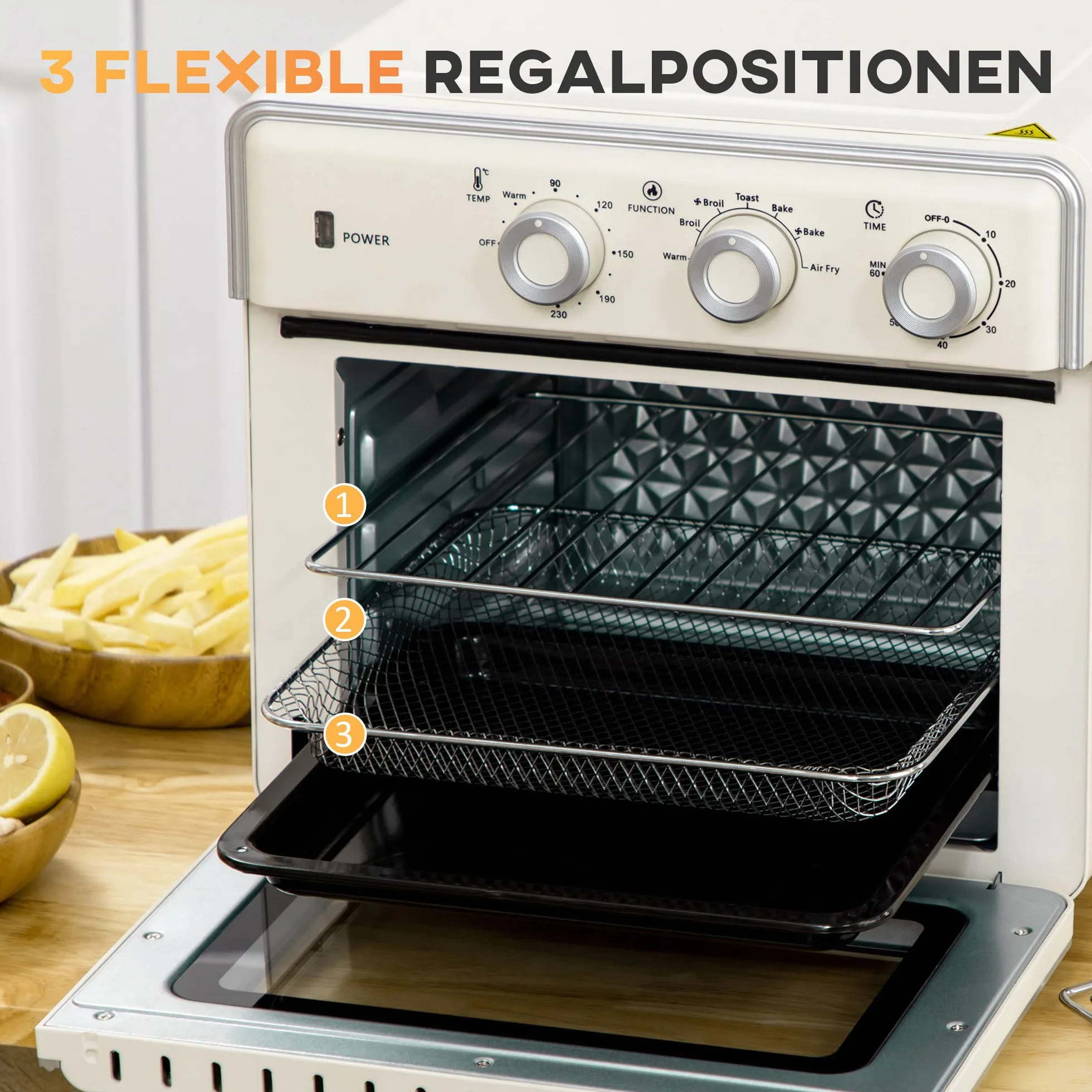 HOMCOM Mini piekarnik 20 l, 7 w 1 piec do pizzy, 1400 W, 90-230℃, termoobieg, kremowo-biały