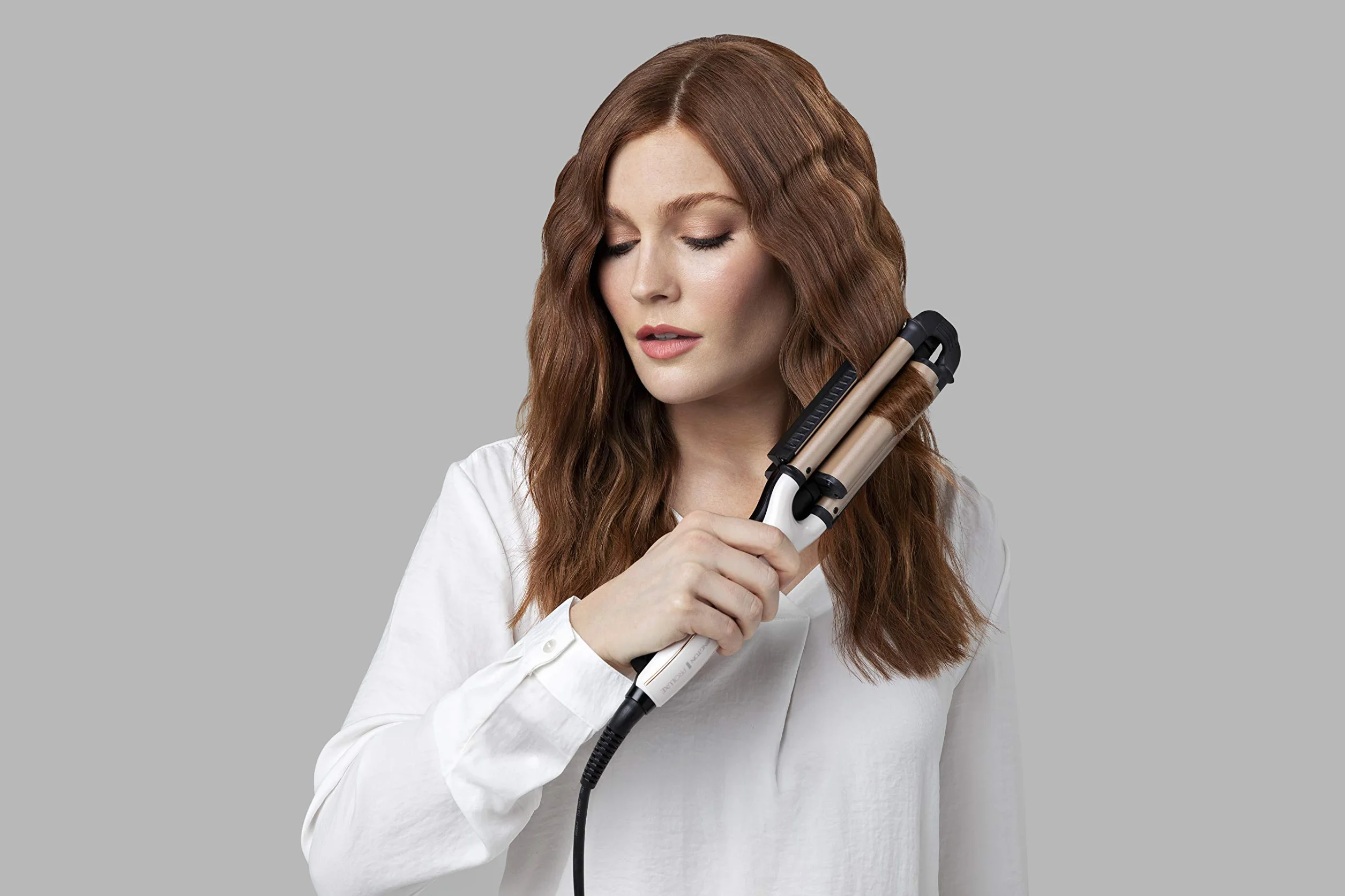 Remington falownica 4w1, inteligentna tech. OptiHeat utrwala fryzurę do 24h, 4 rodzaje fal, ceramiczna, regulacja do 210°C, szybkie nagrzewanie, zimne końcówki, moc 90W, kremowo-złota, PROluxe CI91AW