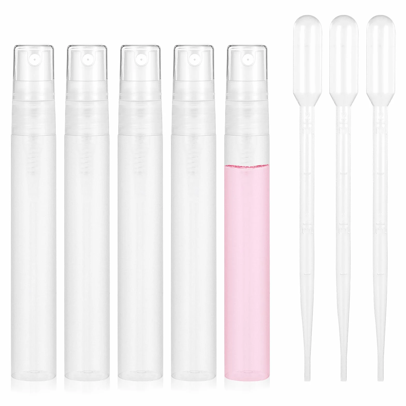 Bewudy Mini butelka z rozpylaczem, 10 ml, pusta z 3 pipetami transferowymi, drobną mgiełką, do wielokrotnego napełniania, rozpylacz perfum, przezroczysta,