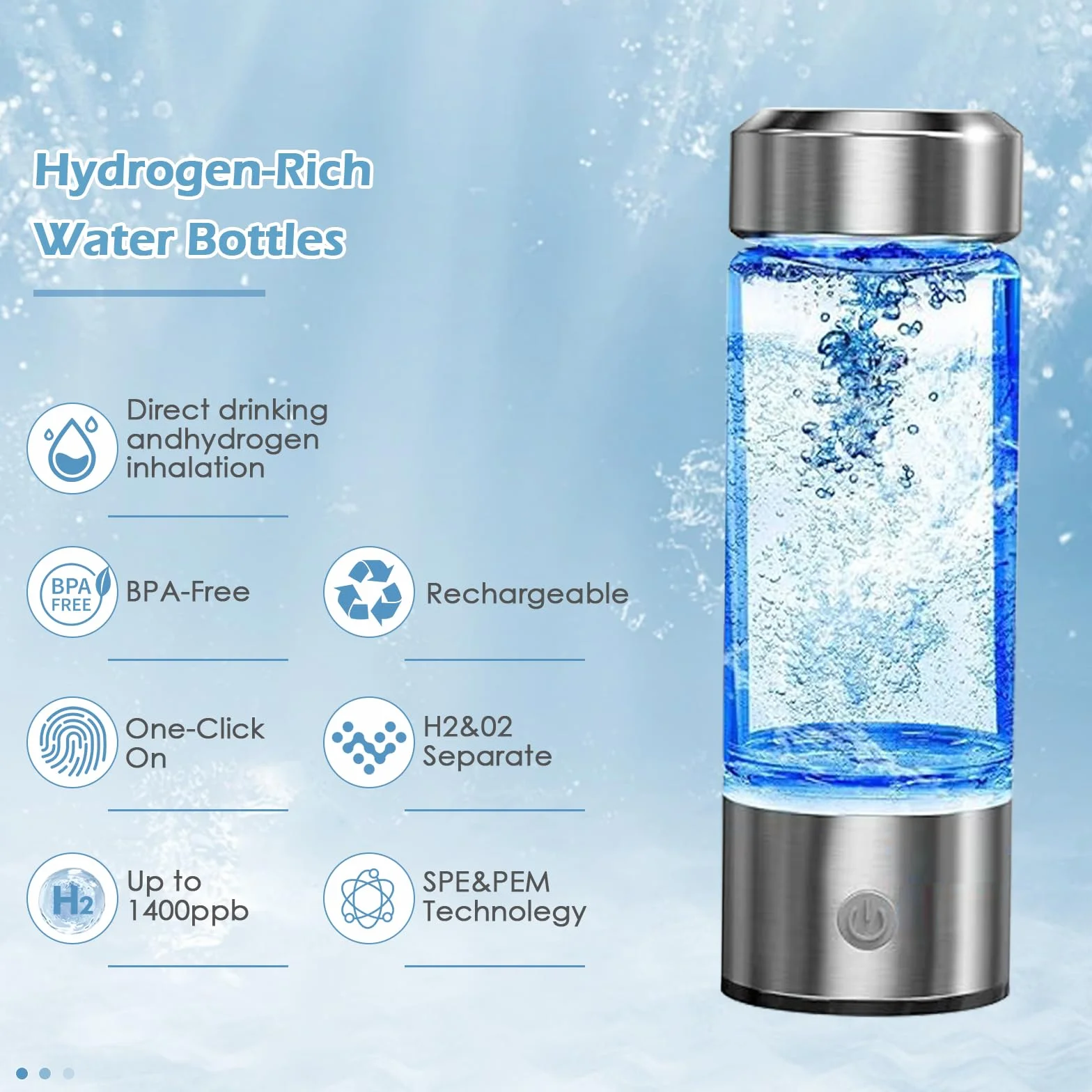Butelka wody wodorowej, bogaty w Wodór Generator wody z technologią SPE PEM 450ml, Przenośna Szklana Butelka Wody wodorowej poprawia jakość wody w 3 minuty, Kubek zdrowia do podróży w domu (2 szt)