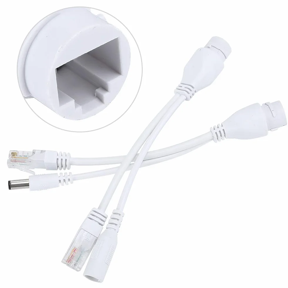 2 szt. PoE Injector and PoE Splitter Kit, DC12V POE Adapter Kabel Niestandardowy wodoodporny rozdzielacz wtryskiwaczy, 10/100 Mbps Cat5/5e/6 Standardowy kabel sieciowy (biały)