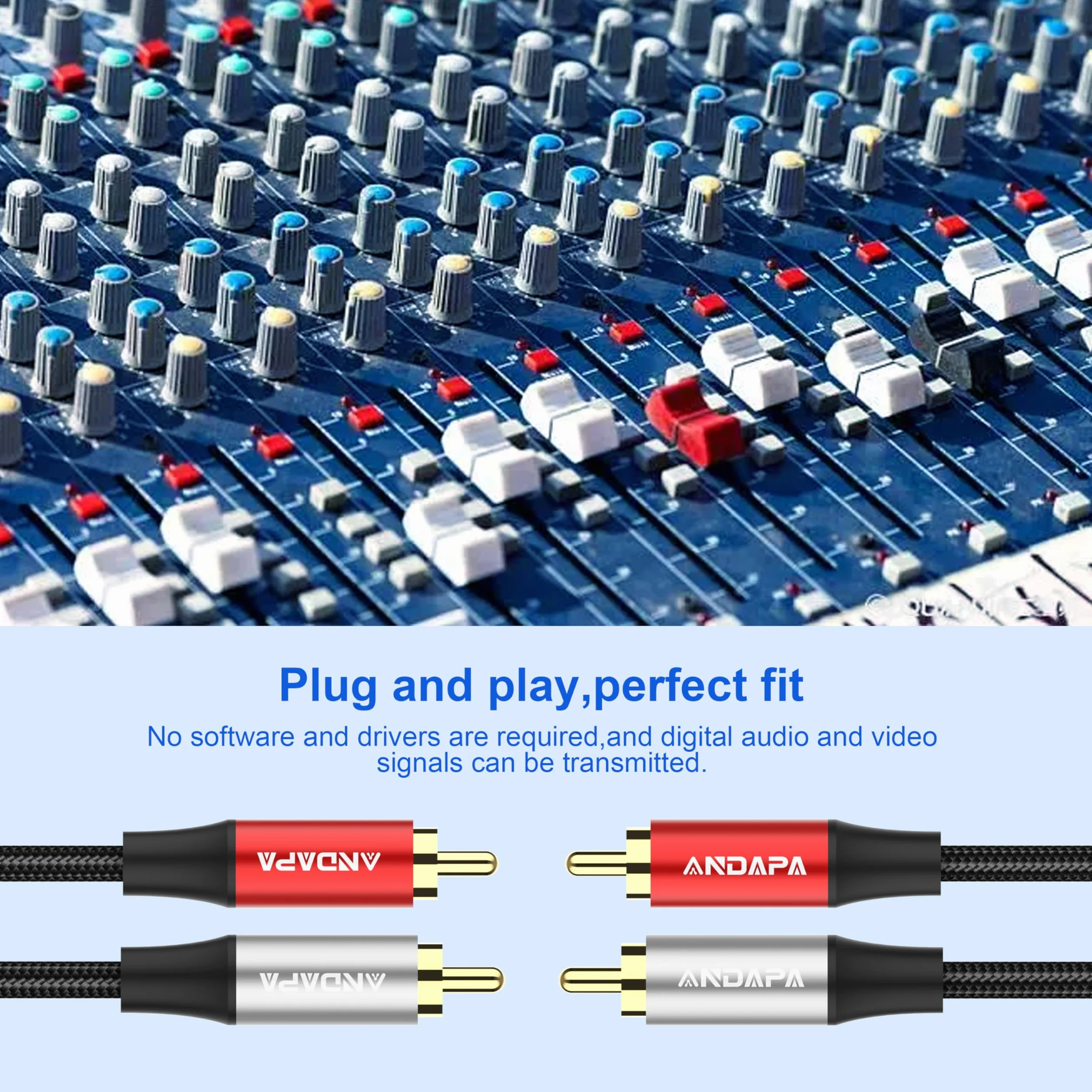 ANDAPA 1,5 m Kabel audio stereo 2x RCA - 2x RCA z oplotem nylonowym, do wzmacniacza, zestawu Hi-Fi, kolumny