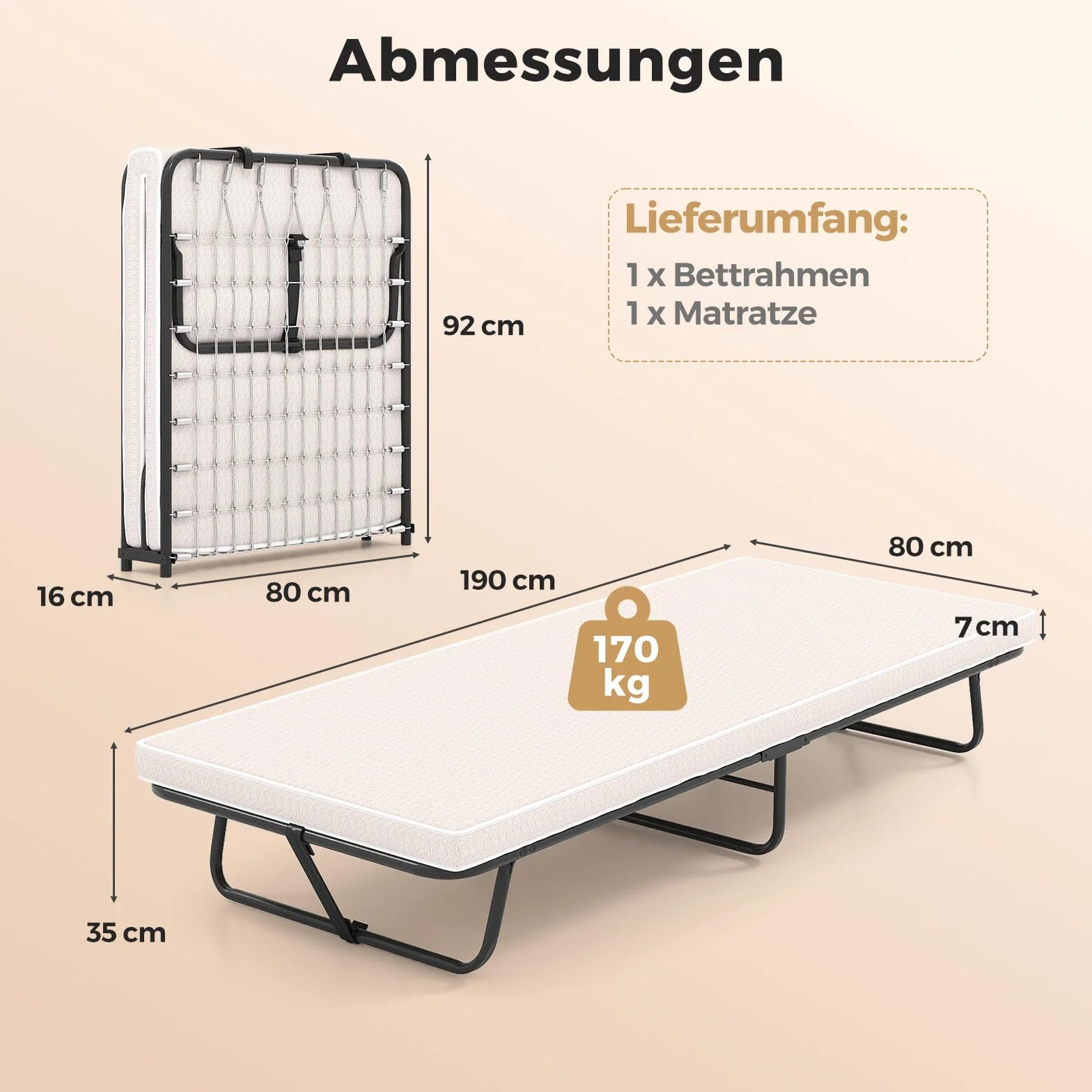 COSTWAY Składane łóżko pojedyncze z materacem 190x80 cm metalowa rama pianka memory 170 kg